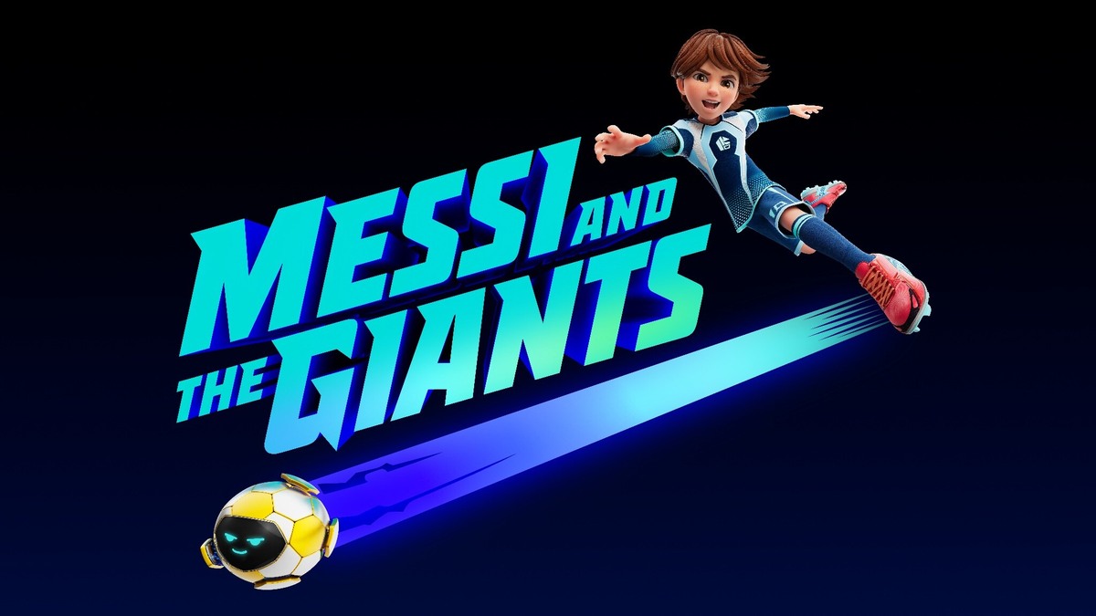 Leo leaps above the Messi and the Giants title as a glowing ball streaks across a dark blue background
