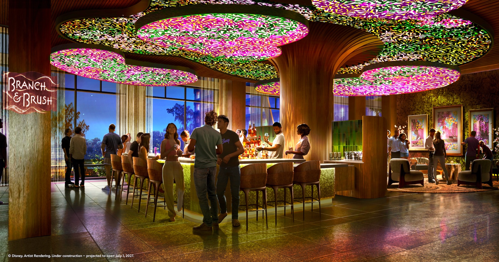 Artist rendering of the Branch & Brush lounge at Disney’s Lakeshore Lodge