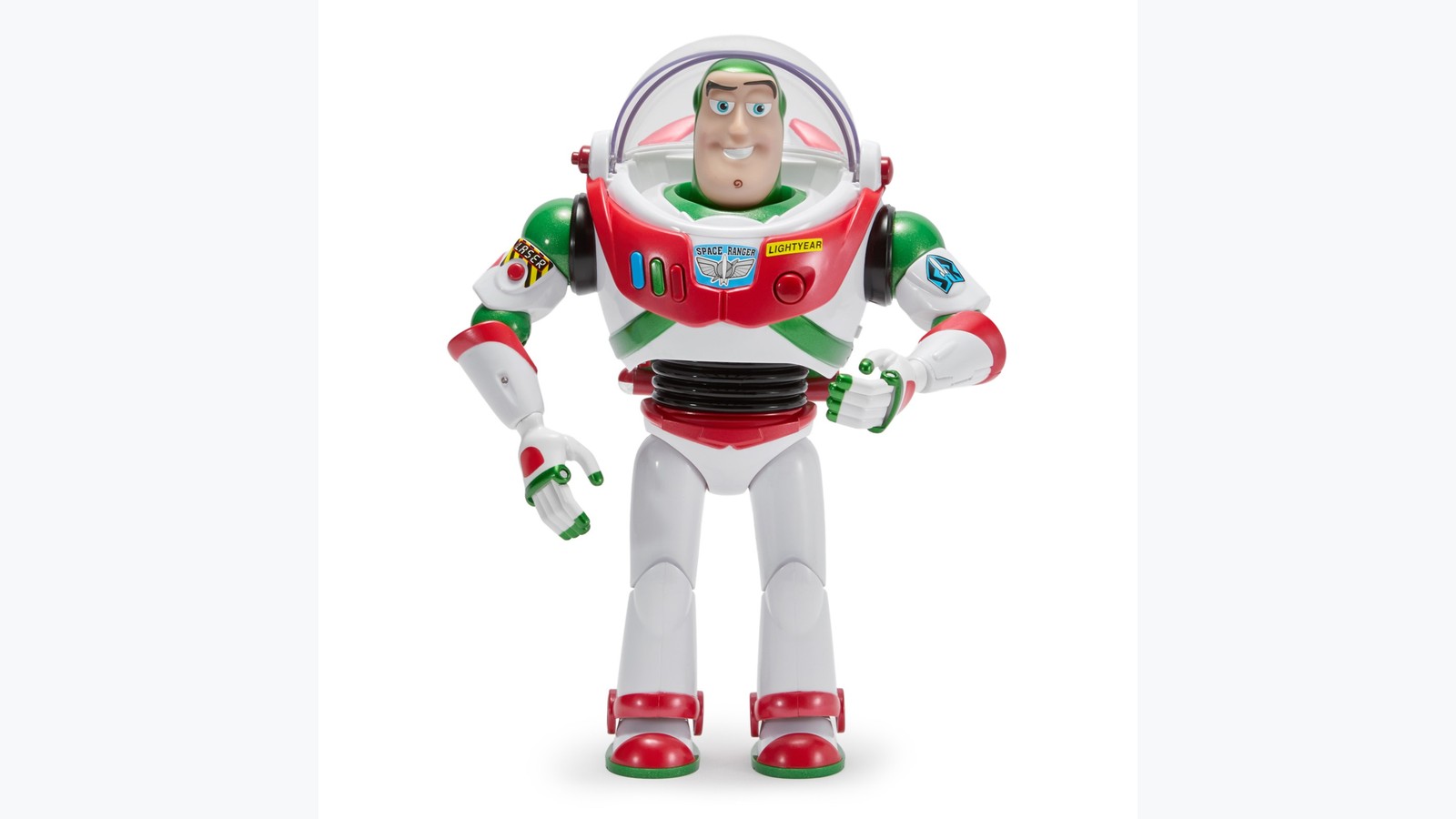 Buzz Lightyear Christmas talking figure in a red, green and white Space Ranger uniform