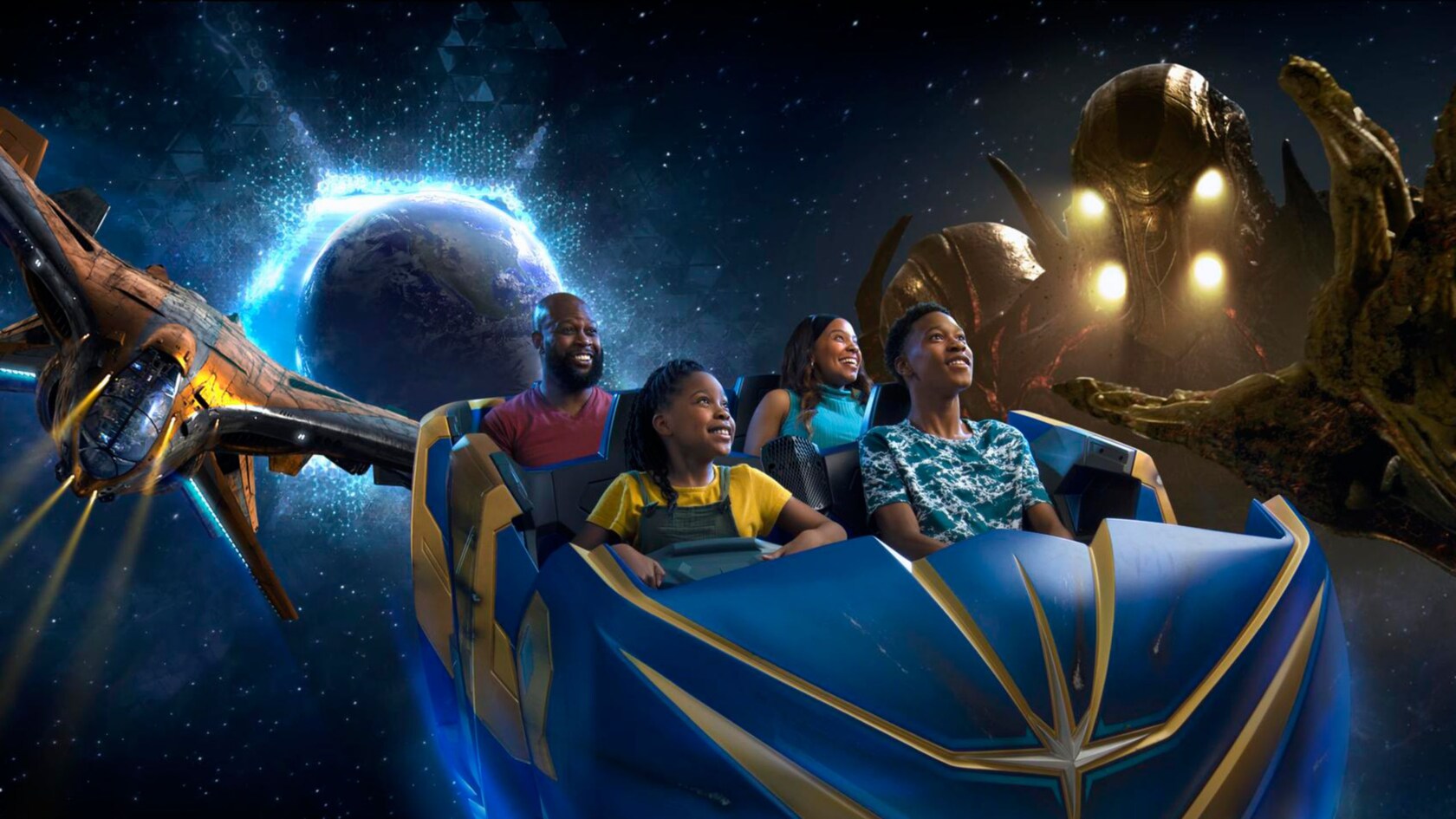 Riders aboard Guardians of the Galaxy: Cosmic Rewind at EPCOT with the Milano, Earth and a Celestial behind them