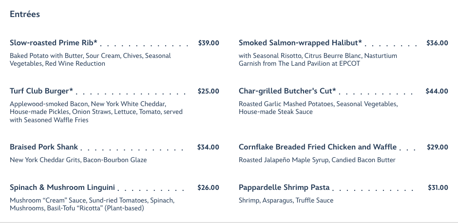 Walt Disney World’s official Turf Club dinner menu showing entrée names, descriptions and prices