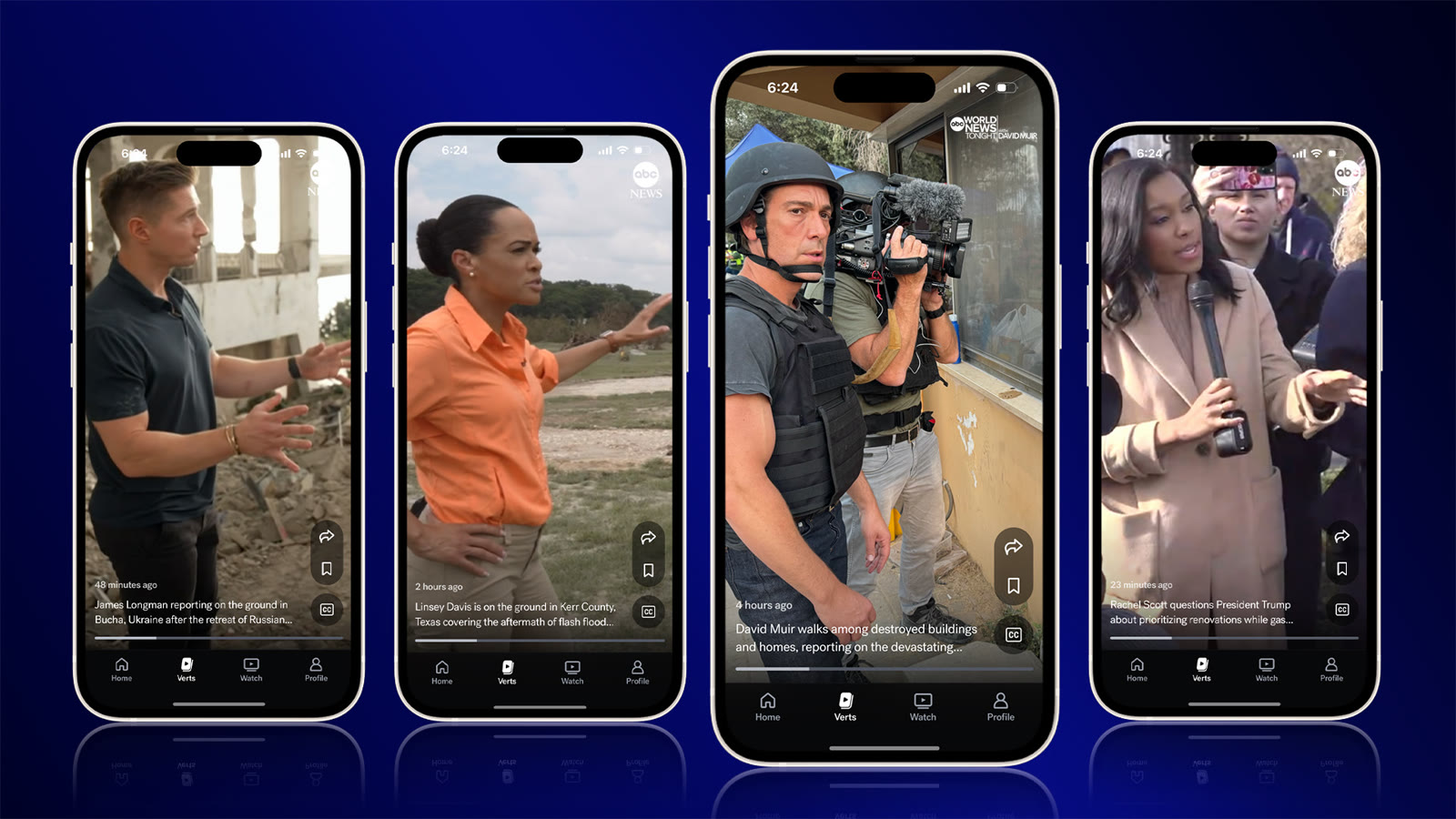 Four phone screens showing the Verts vertical-video feed in the ABC News app
