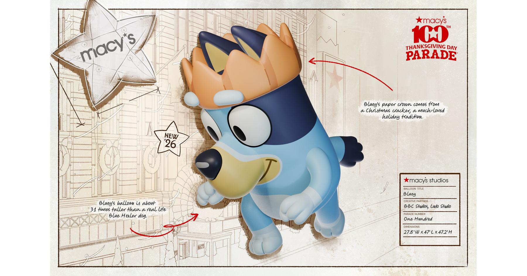 Official rendering of Bluey wearing a Christmas crown for the 100th Macy’s Thanksgiving Day Parade