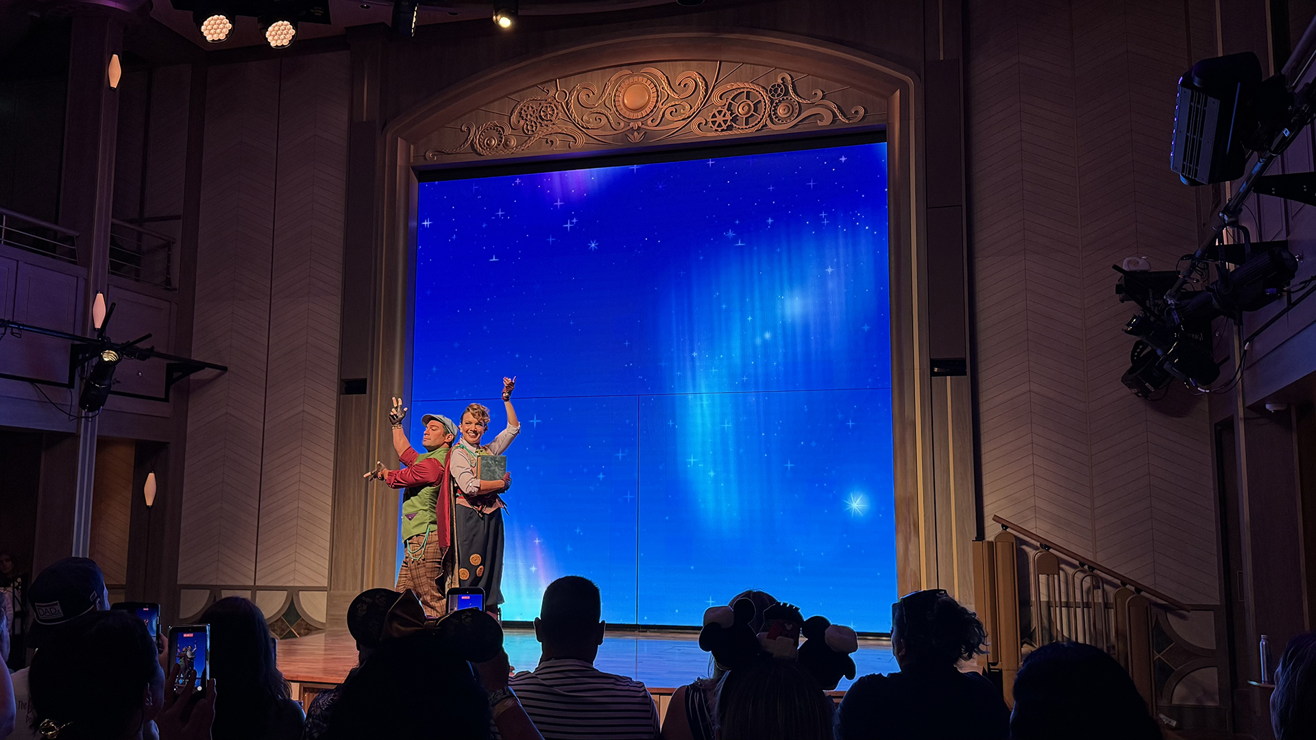 Hugo and Beatrice, Disney Story Sea-kers, onstage during the Disney Believe scavenger hunt aboard Disney Wish