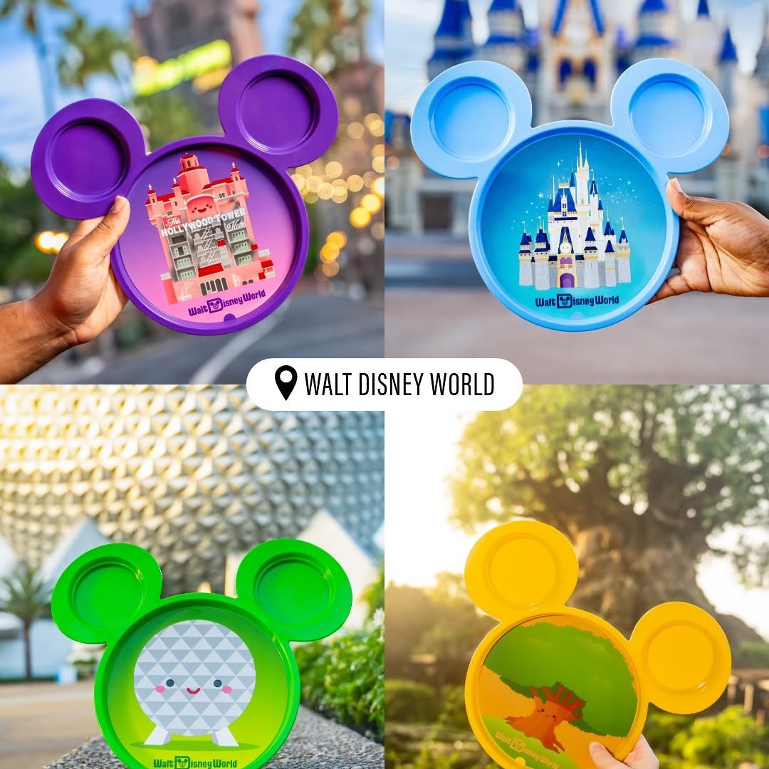 Four Mickey-shaped plates featuring the icons of all four Walt Disney World theme parks