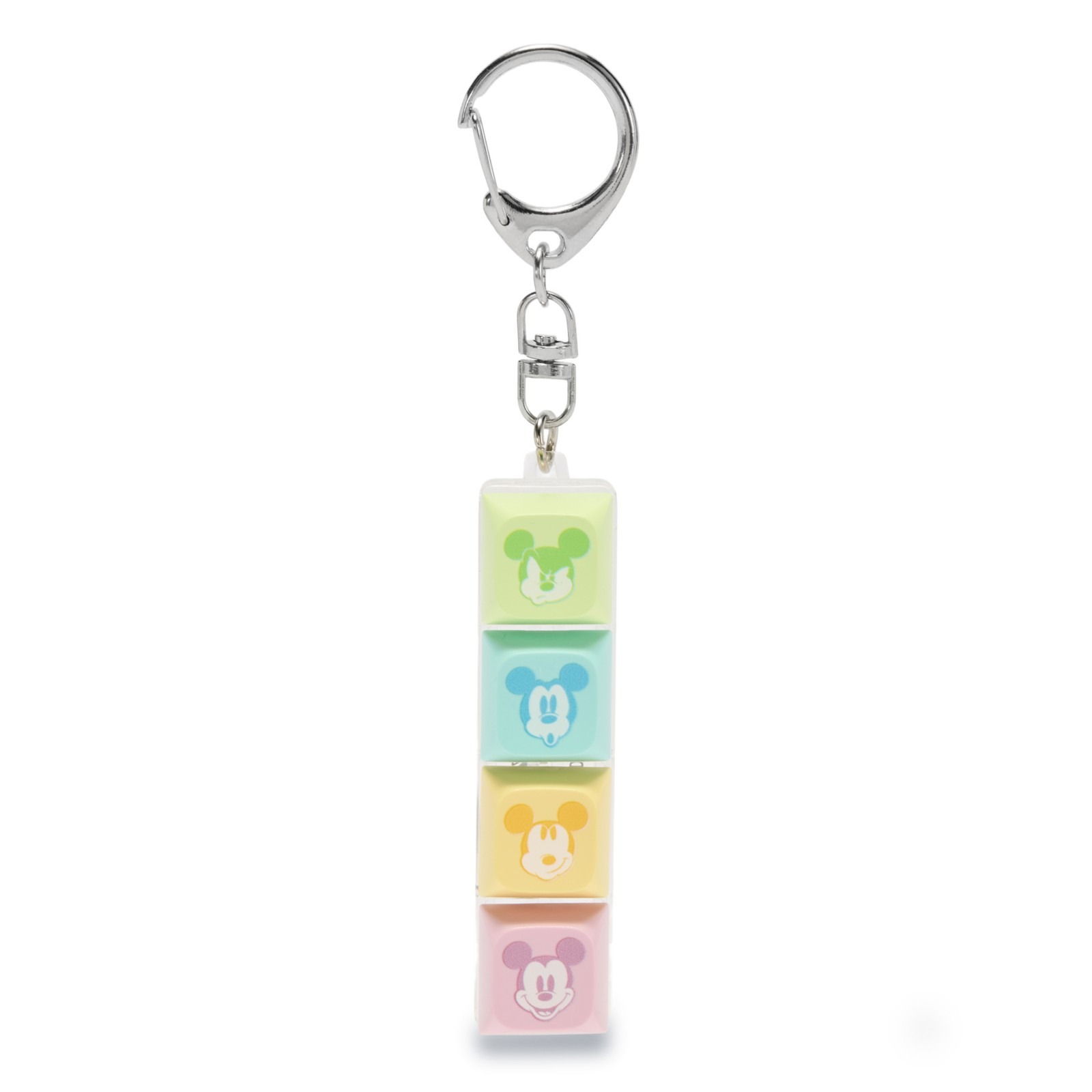 Mickey Mouse keyboard fidget bag charm with four pastel expression buttons and a metal clip
