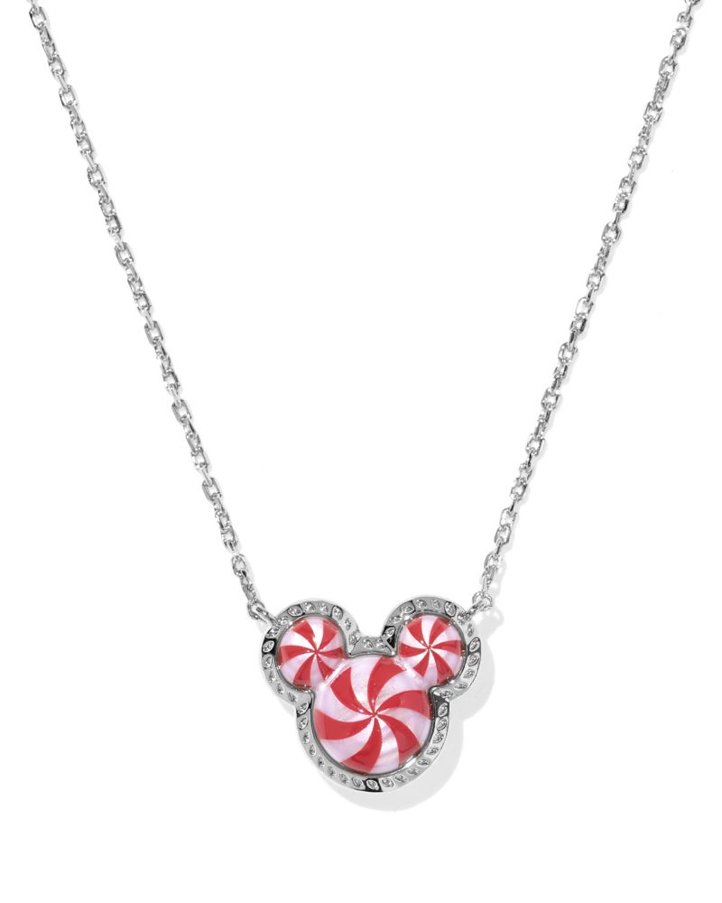 Silver Kendra Scott necklace with a red-and-white Mickey Mouse peppermint swirl pendant