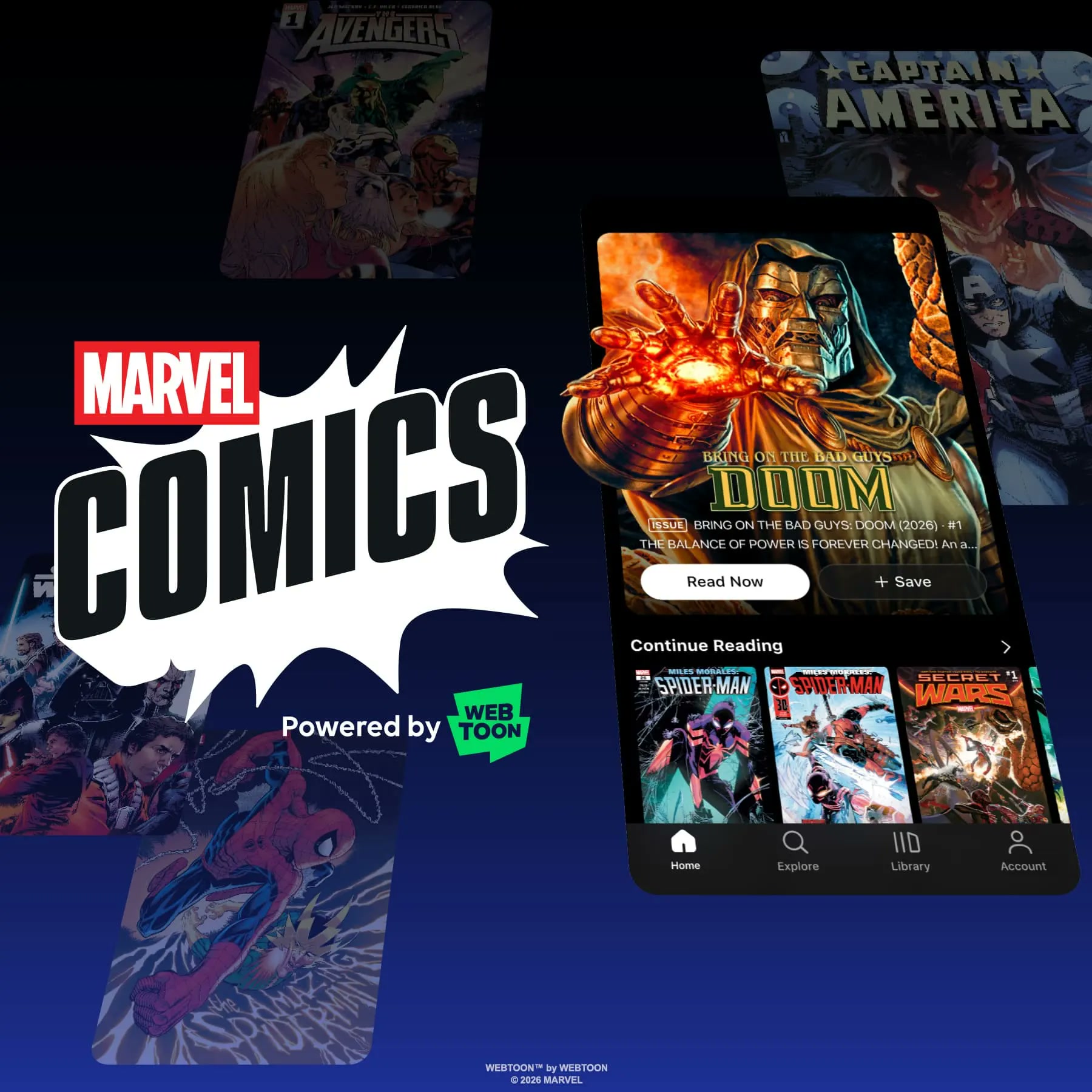 Marvel Comics powered by WEBTOON app artwork and home screen