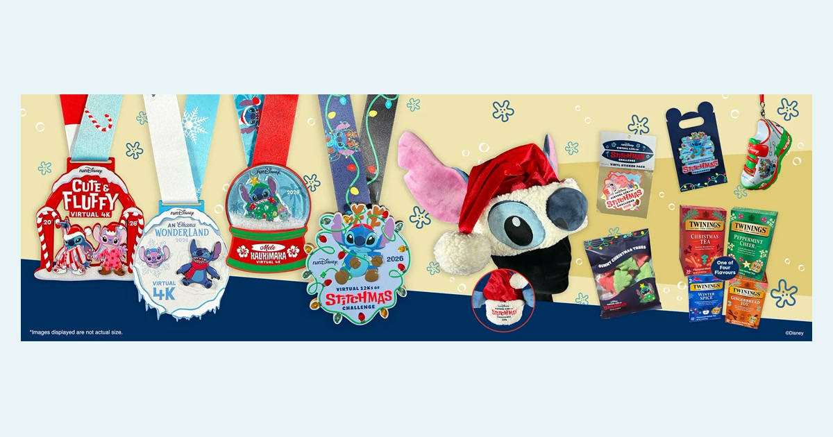 Official runDisney Stitchmas Challenge race package with four finisher medals and holiday extras