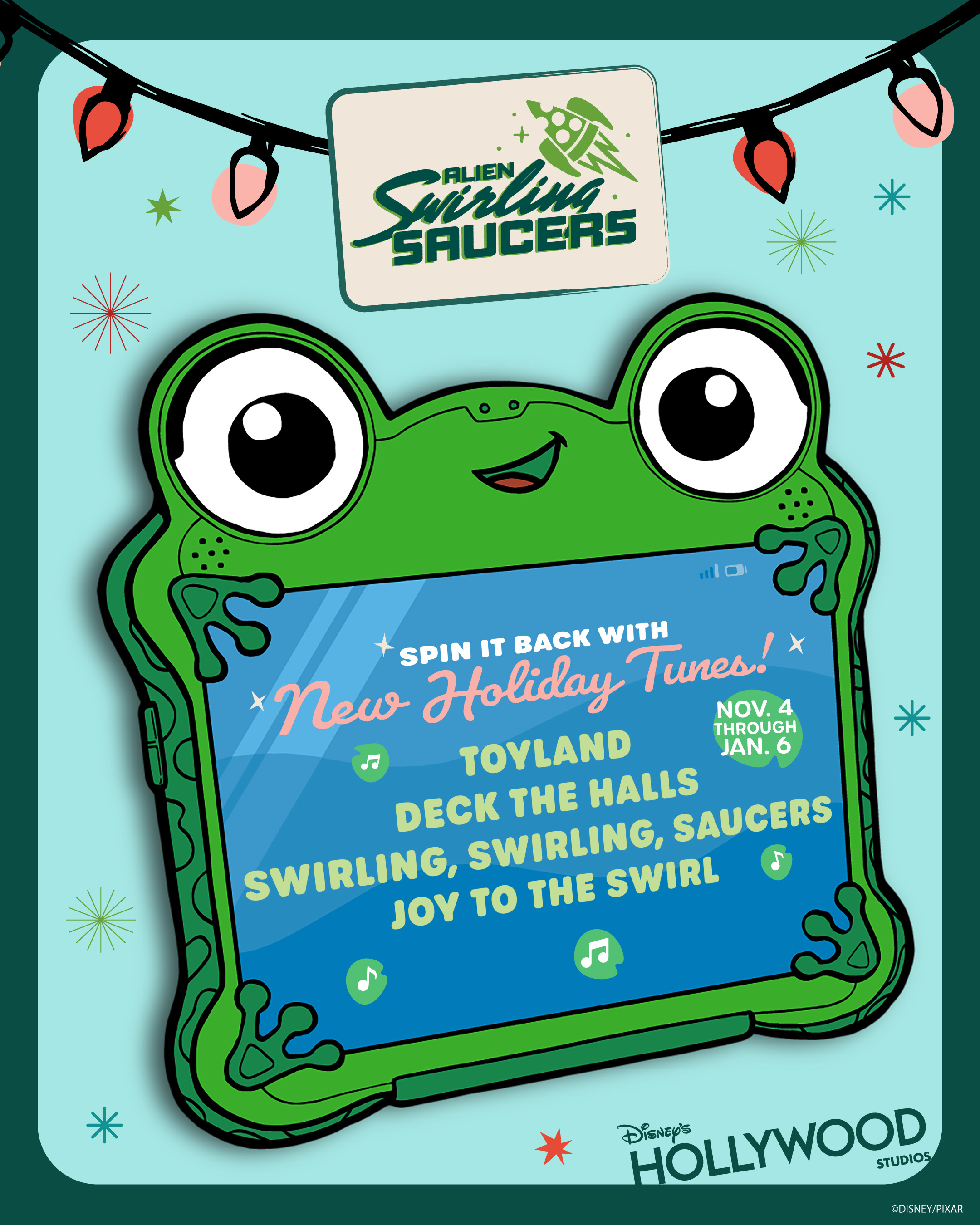 Alien Swirling Saucers holiday playlist with four songs and dates