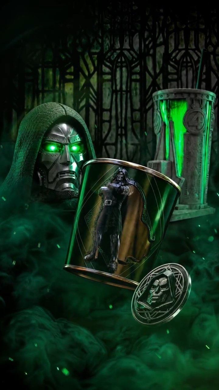 Doctor Doom popcorn bucket, metallic bucket and light-up throne cup in Cinemark Brasil’s Avengers: Doomsday video