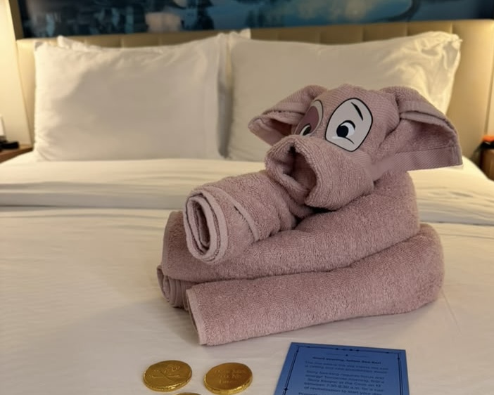A Pua towel animal photographed during the Disney Believe scavenger hunt aboard Disney Wish