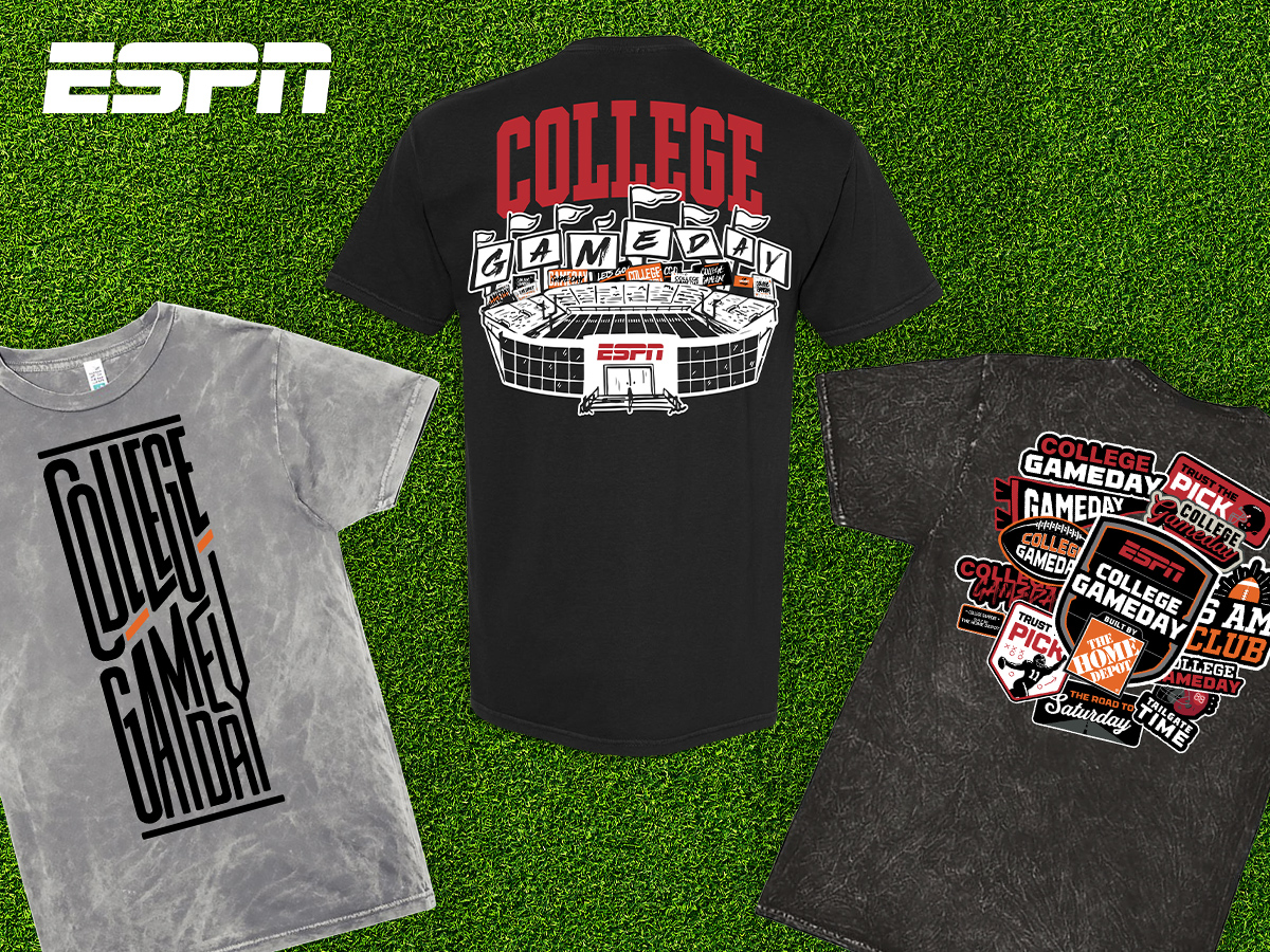 Three ESPN College GameDay shirts on a football field graphic