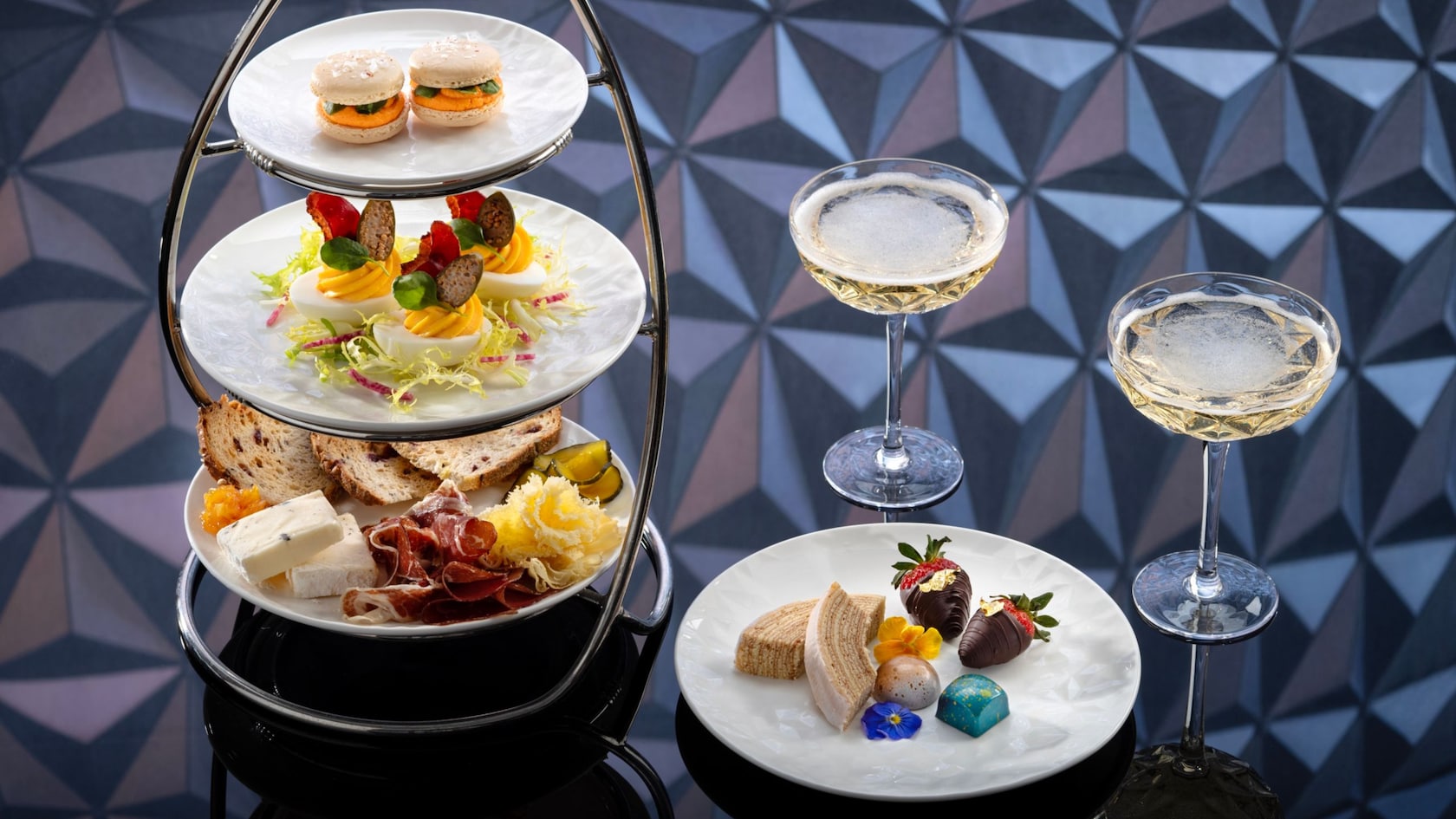 Champagne, savory bites and sweets served for the GEO-82 Fireworks Experience at EPCOT