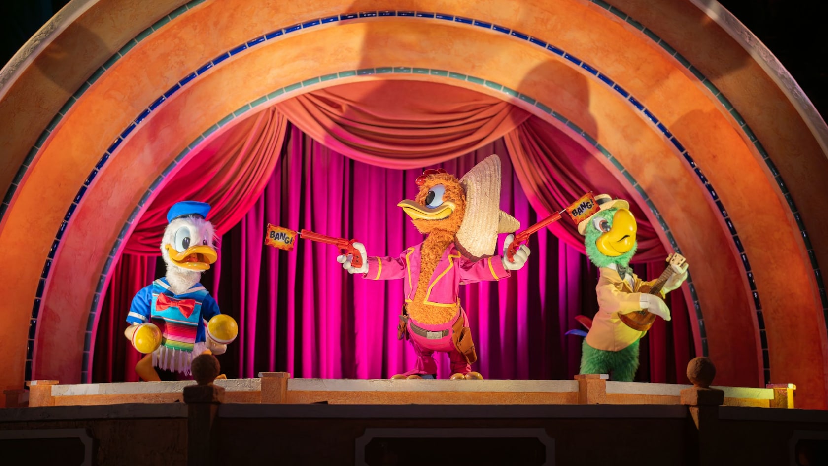 Donald Duck, Panchito and José Carioca perform in the final Gran Fiesta Tour scene