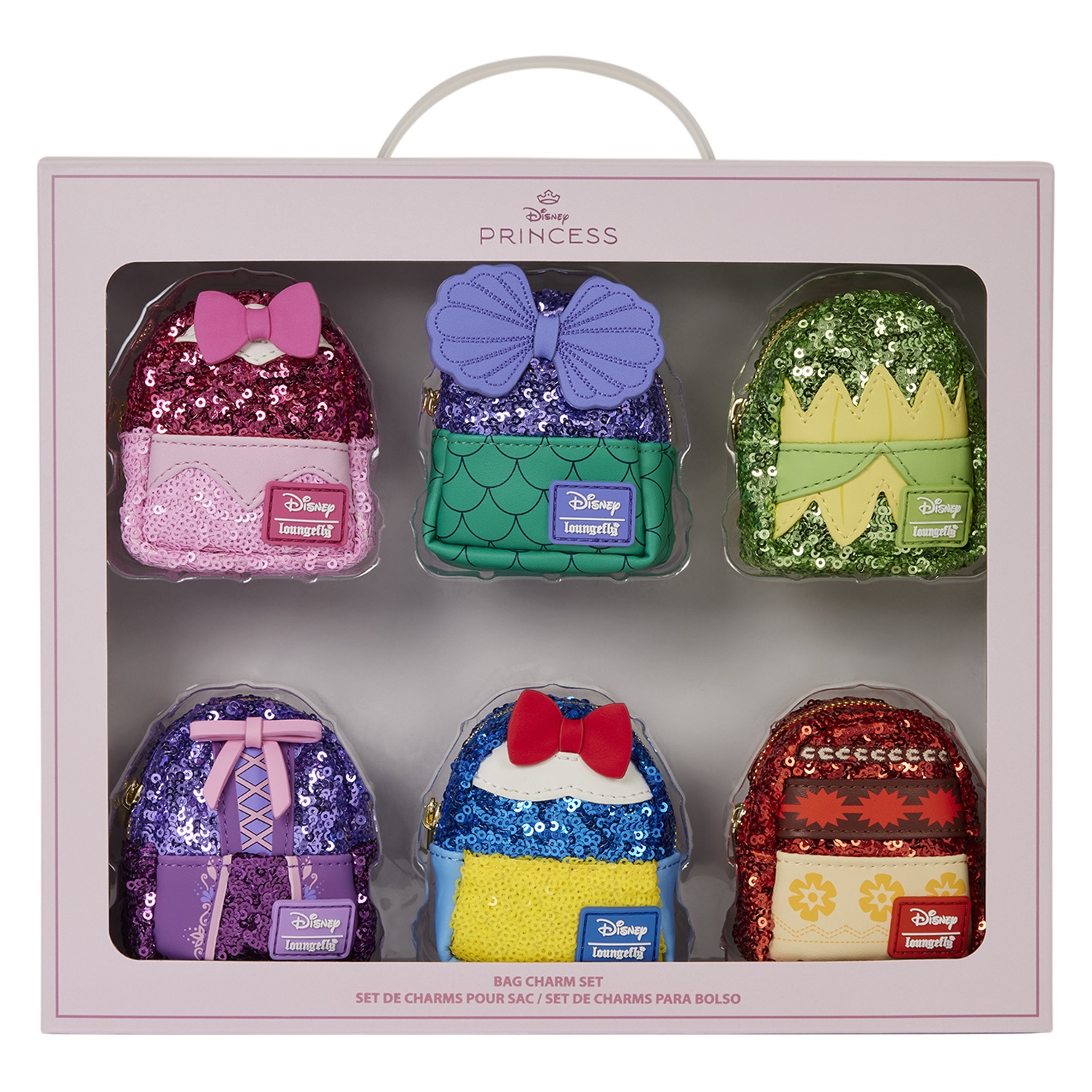 Six Disney Princess mini-backpack keychain charms displayed in Loungefly Set 1 packaging