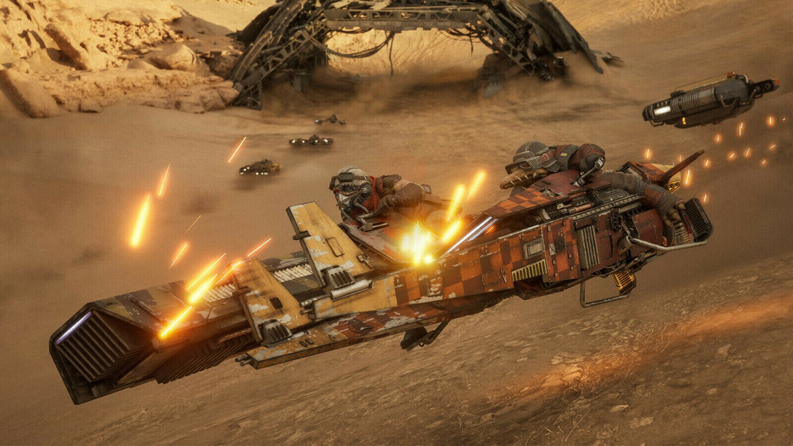 Repulsorcraft racers battle across a desert circuit in Star Wars: Galactic Racer