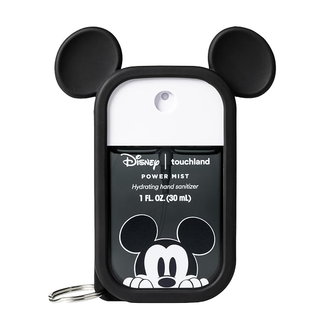 Mickey-shaped black Touchland sanitizer case with a sanitizer bottle inside