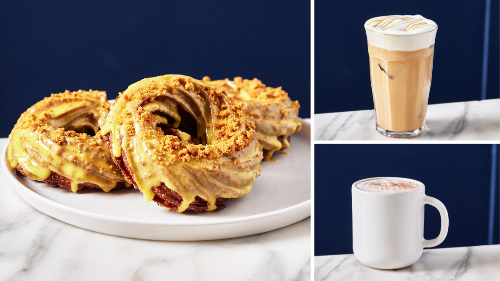 Honey-glazed pastries and two coffee drinks prepared for the Winnie the Pooh takeover at Daily Provisions