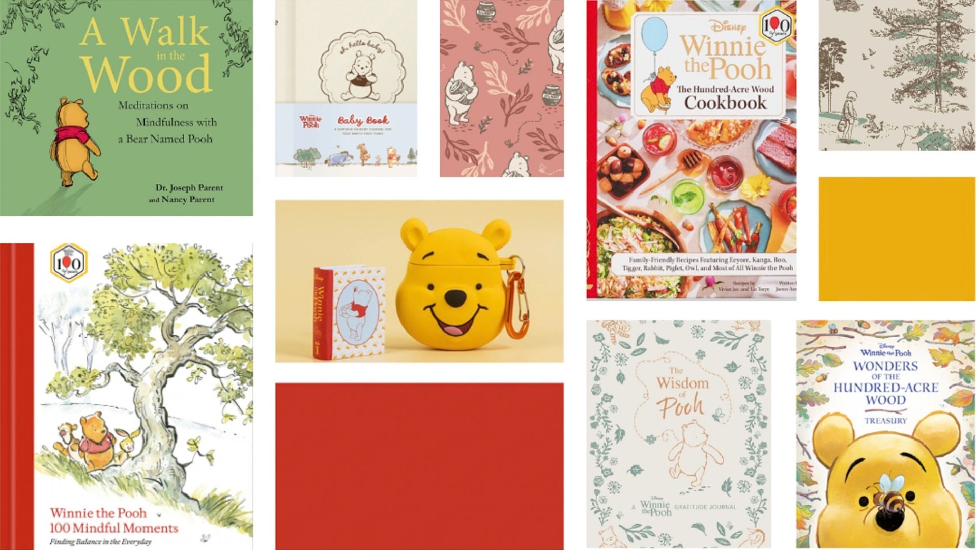 A collage of Winnie the Pooh anniversary books, gifts and Hundred-Acre Wood artwork