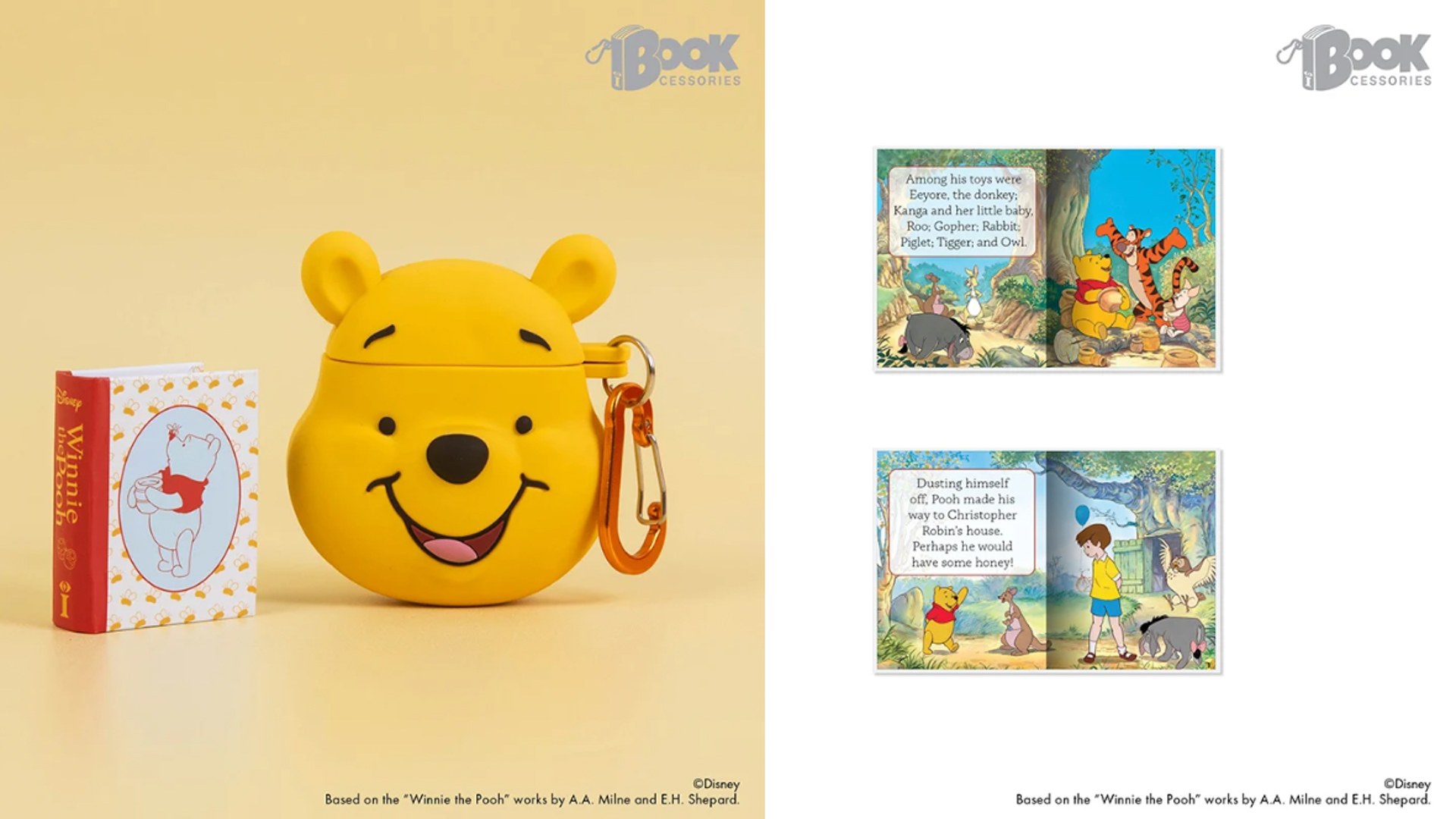 A miniature Winnie the Pooh book beside a yellow Pooh-shaped collectible case