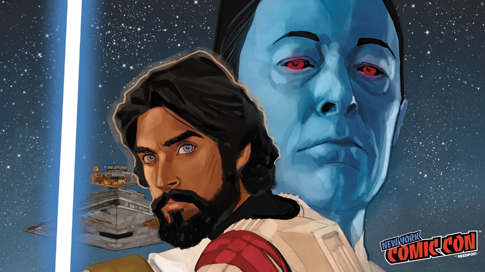 Illustration of Ezra Bridger with Grand Admiral Thrawn and the Chimaera in space