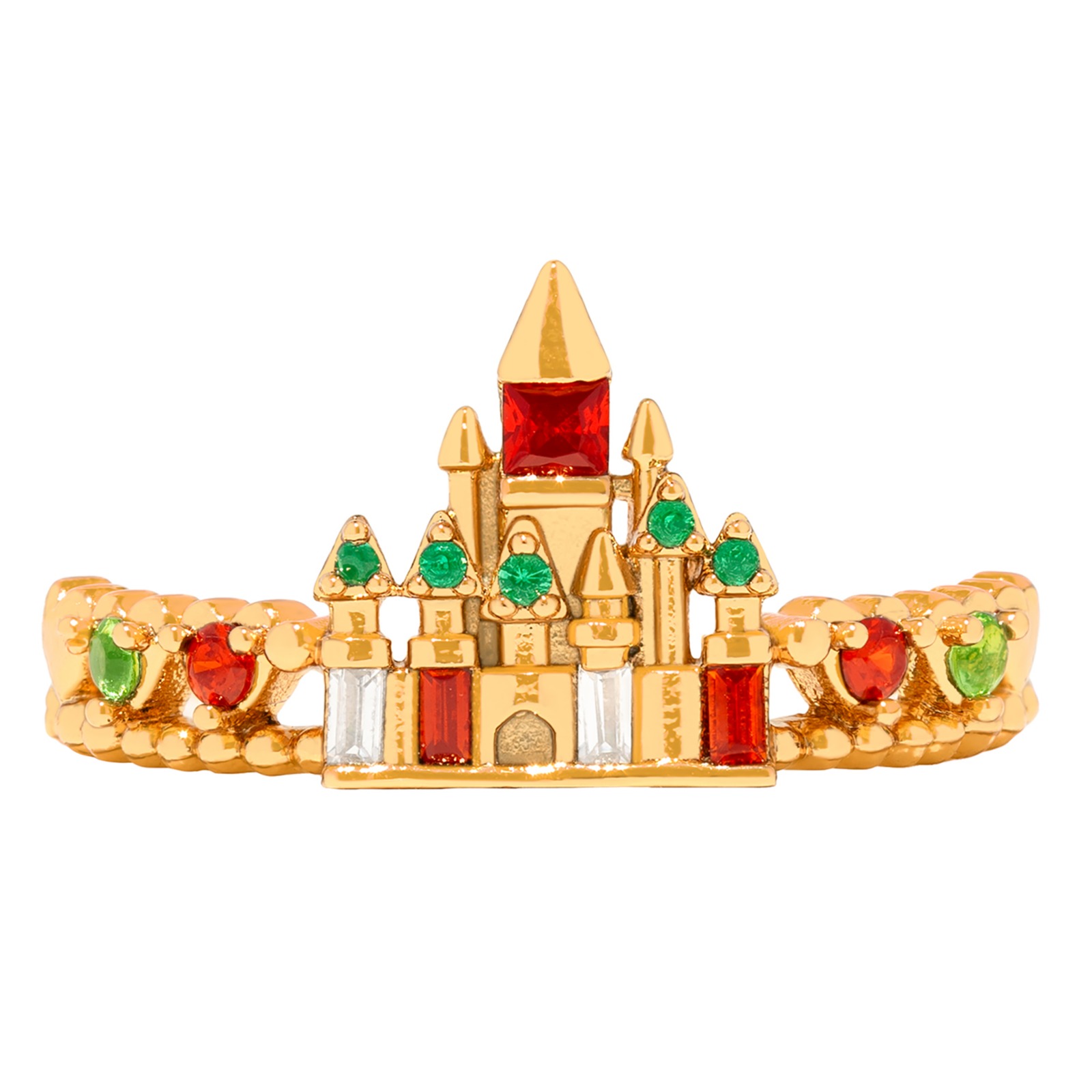 Gold-plated Fantasyland Castle ring with white, red and green cubic zirconia