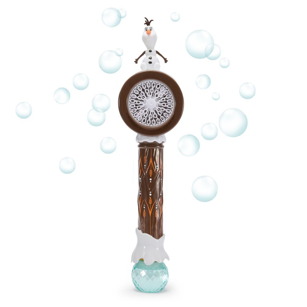 Olaf light-up bubble-blower wand with a faux-wood handle and faceted blue fluid container