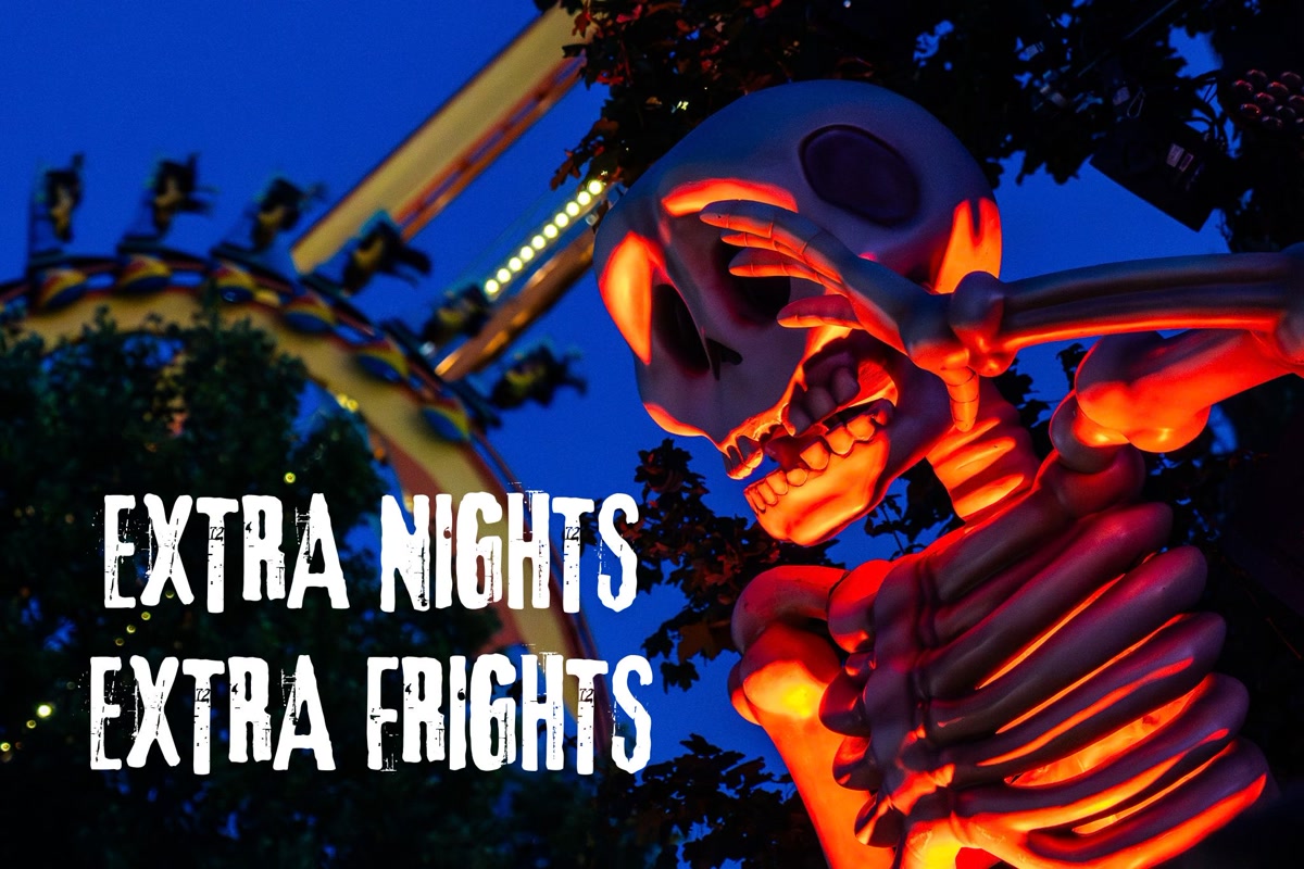 A glowing skeleton and Extra Nights, Extra Frights text in Dorney Park's official announcement image
