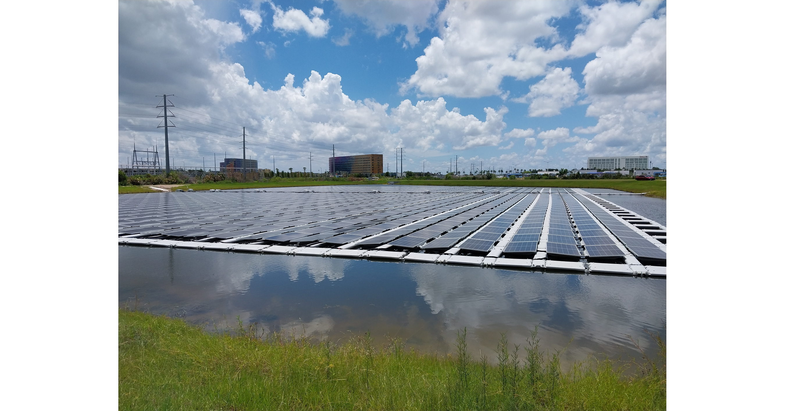 Floating solar panels on a pond near Universal Epic Universe