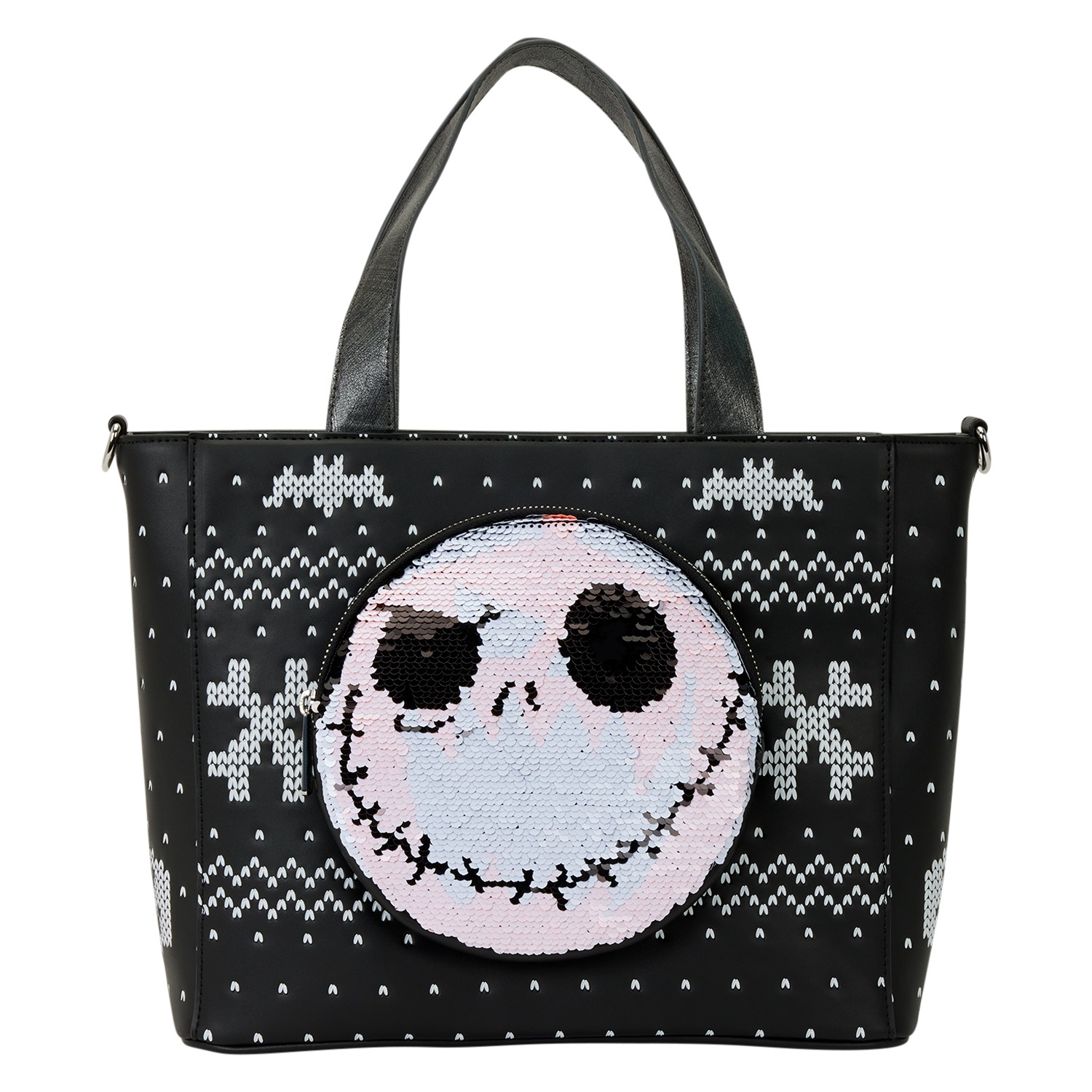 Black Jack Skellington Loungefly tote with a reversible-sequin face and matching coin bag