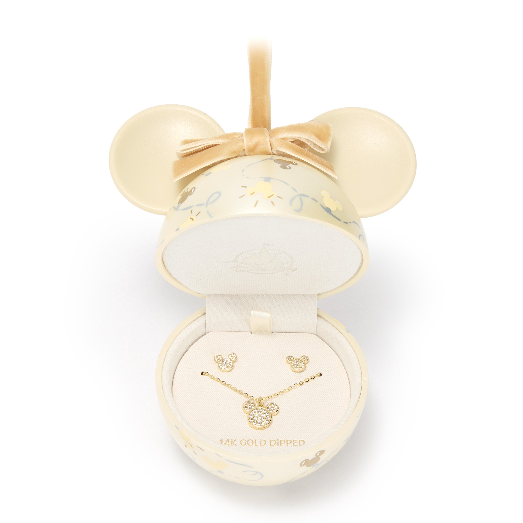 Open Mickey ornament box holding matching gold-tone Mickey icon earrings and necklace