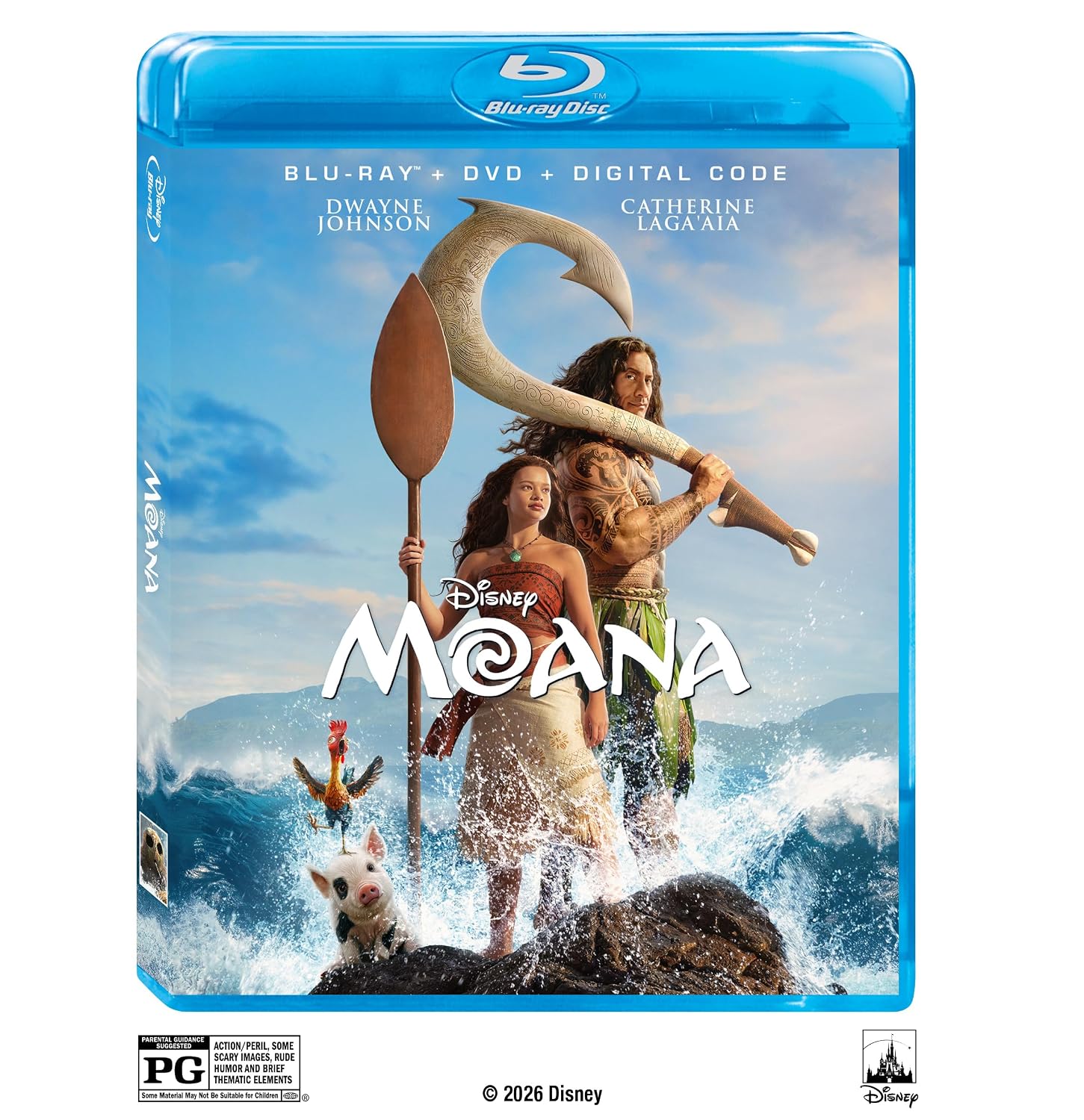 Live-action Moana Blu-ray, DVD and digital combo cover with Moana and Maui