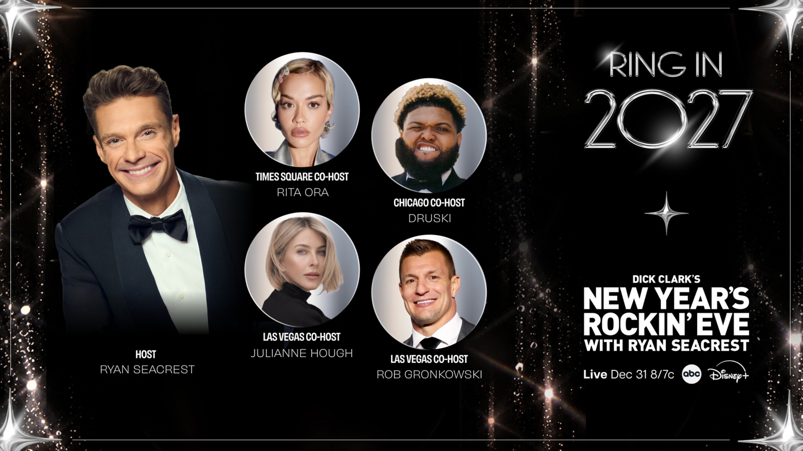 Official New Year’s Rockin’ Eve 2027 artwork with Ryan Seacrest and the ABC and Disney+ logos
