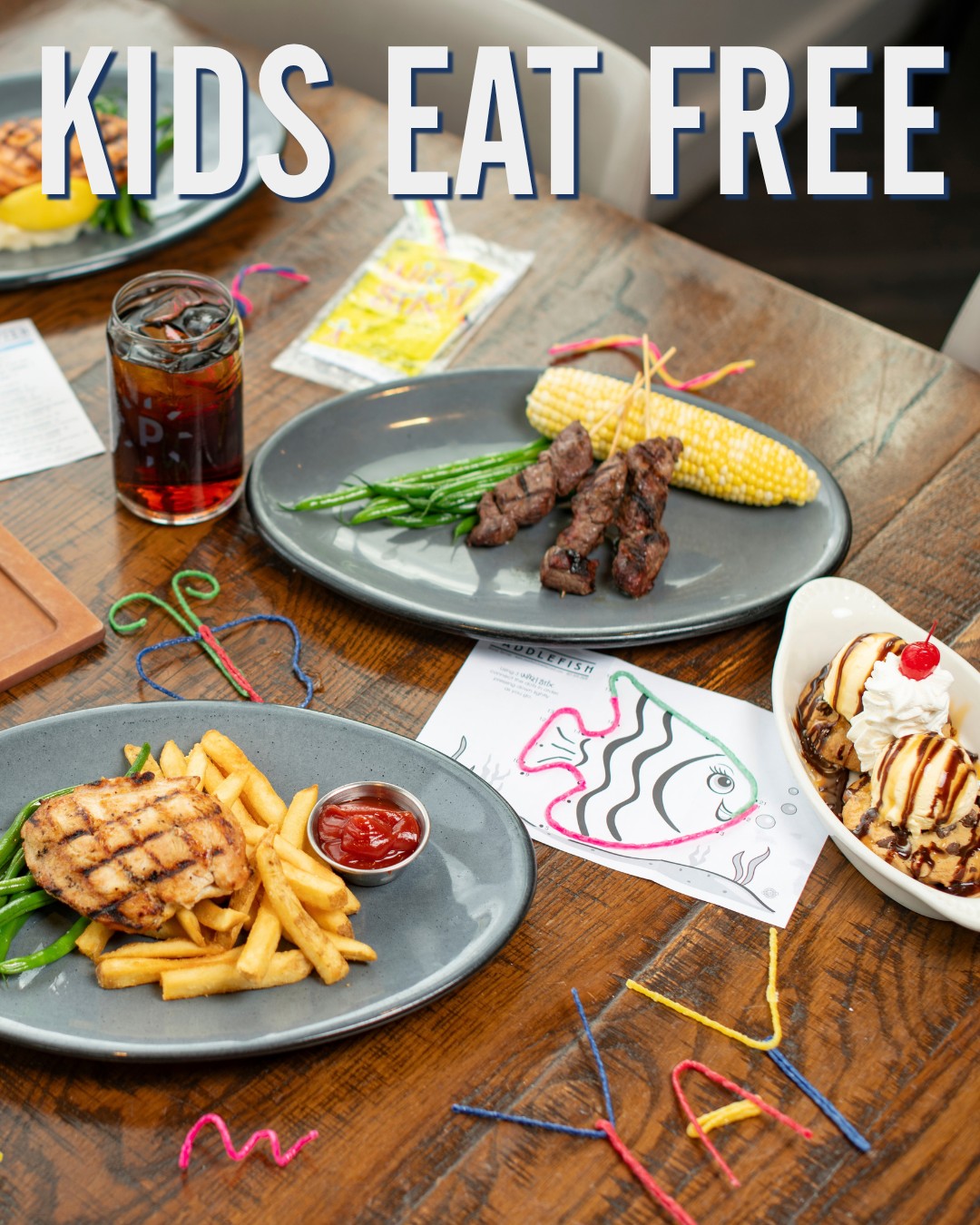 Kids Eat Free promotion with children’s meals at Paddlefish