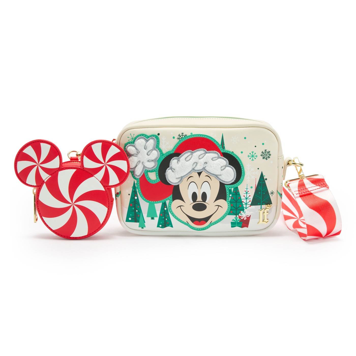 Santa Mickey Loungefly crossbody bag with a Mickey-shaped peppermint coin purse and striped strap