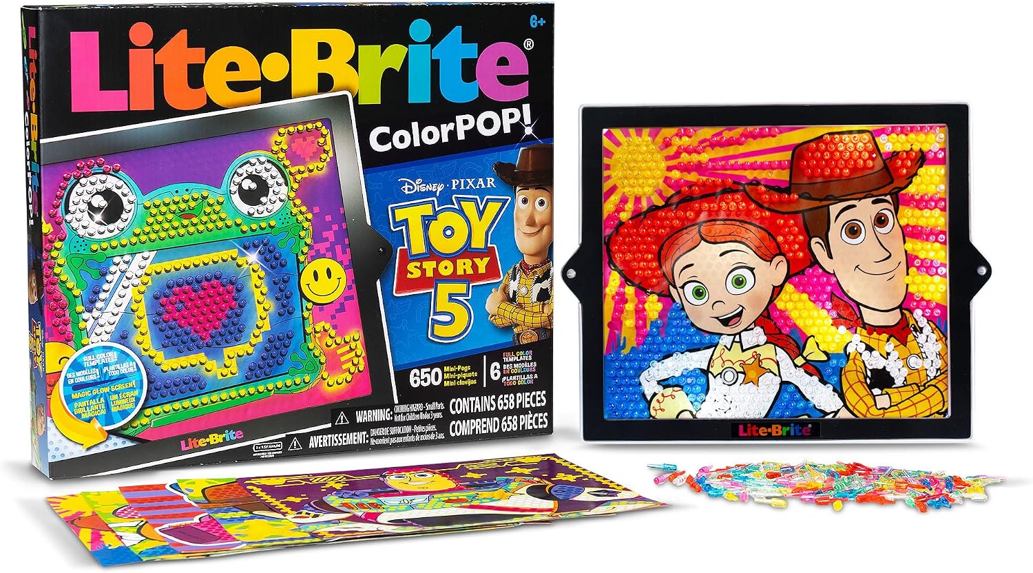 Toy Story 5 ColorPOP Lite-Brite box, templates, pegs and illuminated screen