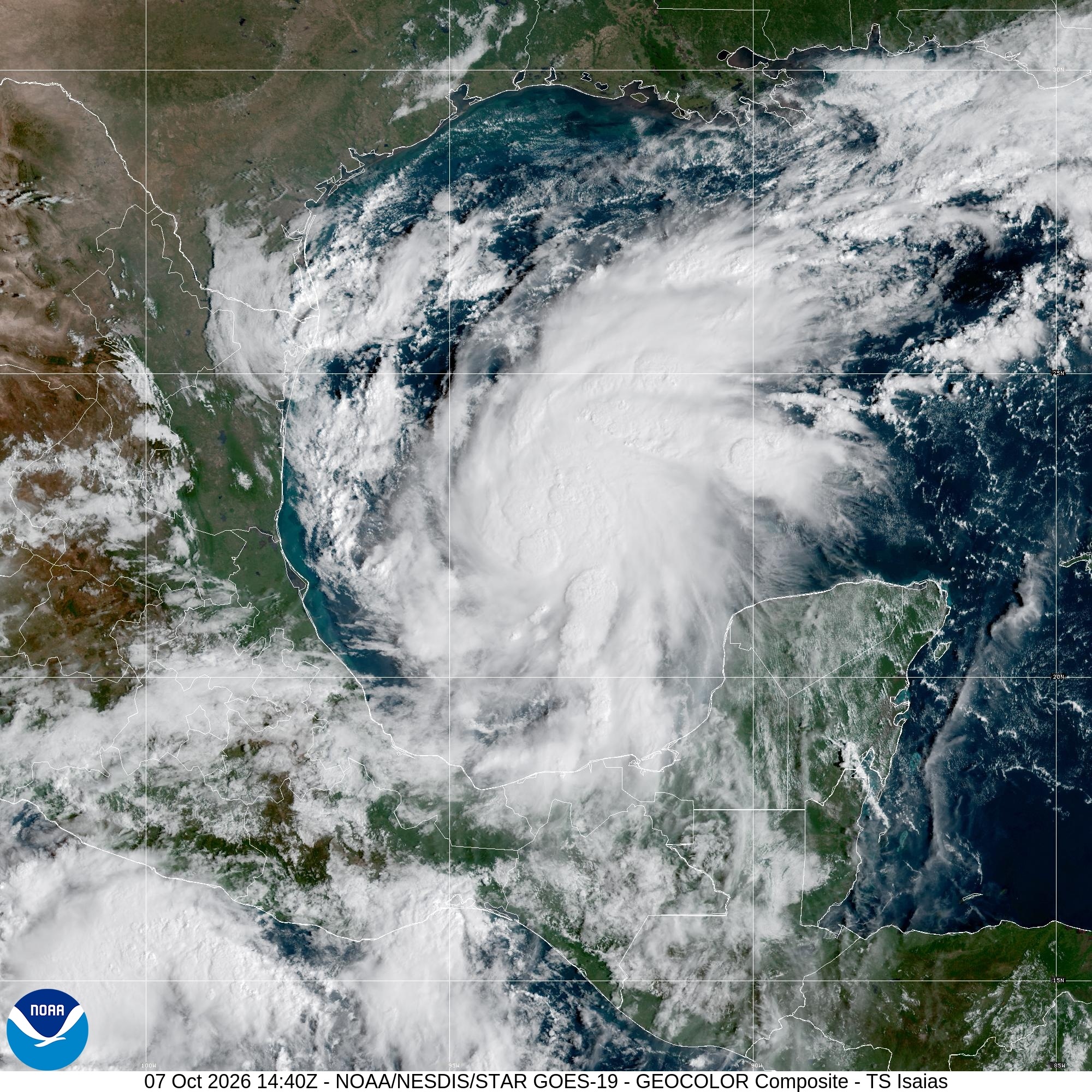 NOAA satellite image of Tropical Storm Isaias in the Gulf of Mexico