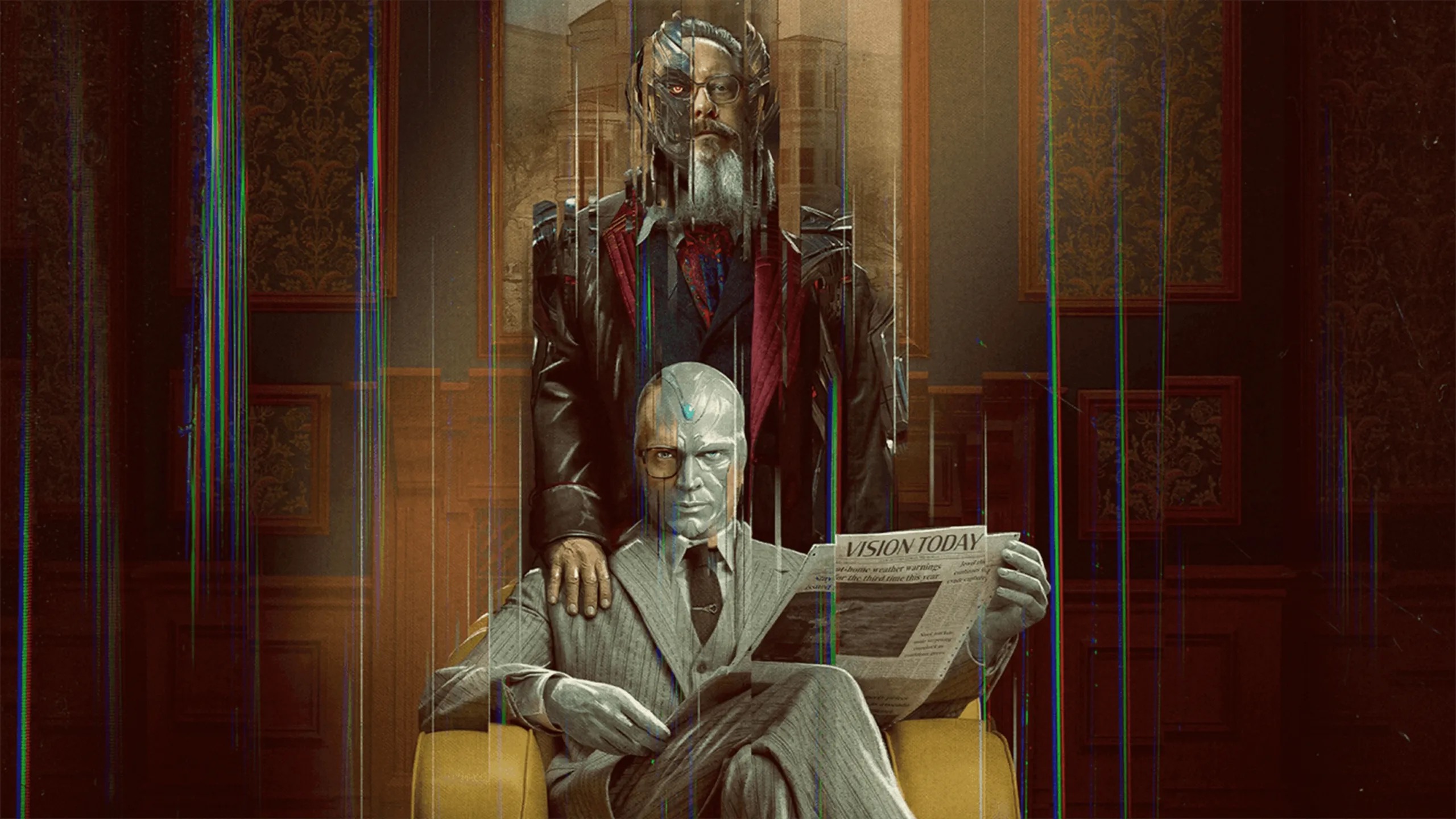 Vision reads a newspaper while Ultron stands behind him in official VisionQuest key art