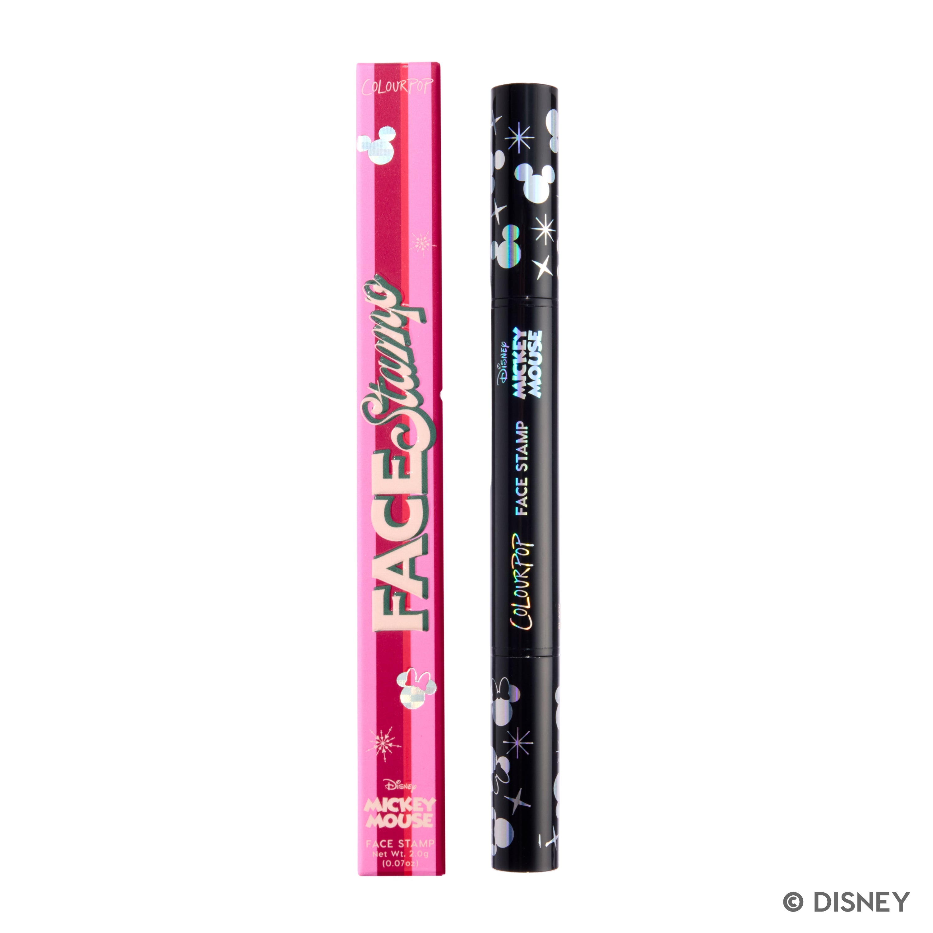 Black dual-ended Merry Mickey face stamp beside its pink and red ColourPop package