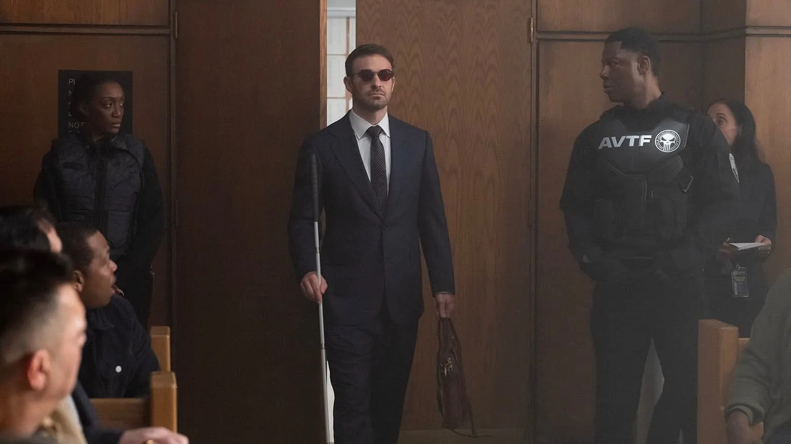 Charlie Cox as Matt Murdock enters a courtroom in Daredevil: Born Again