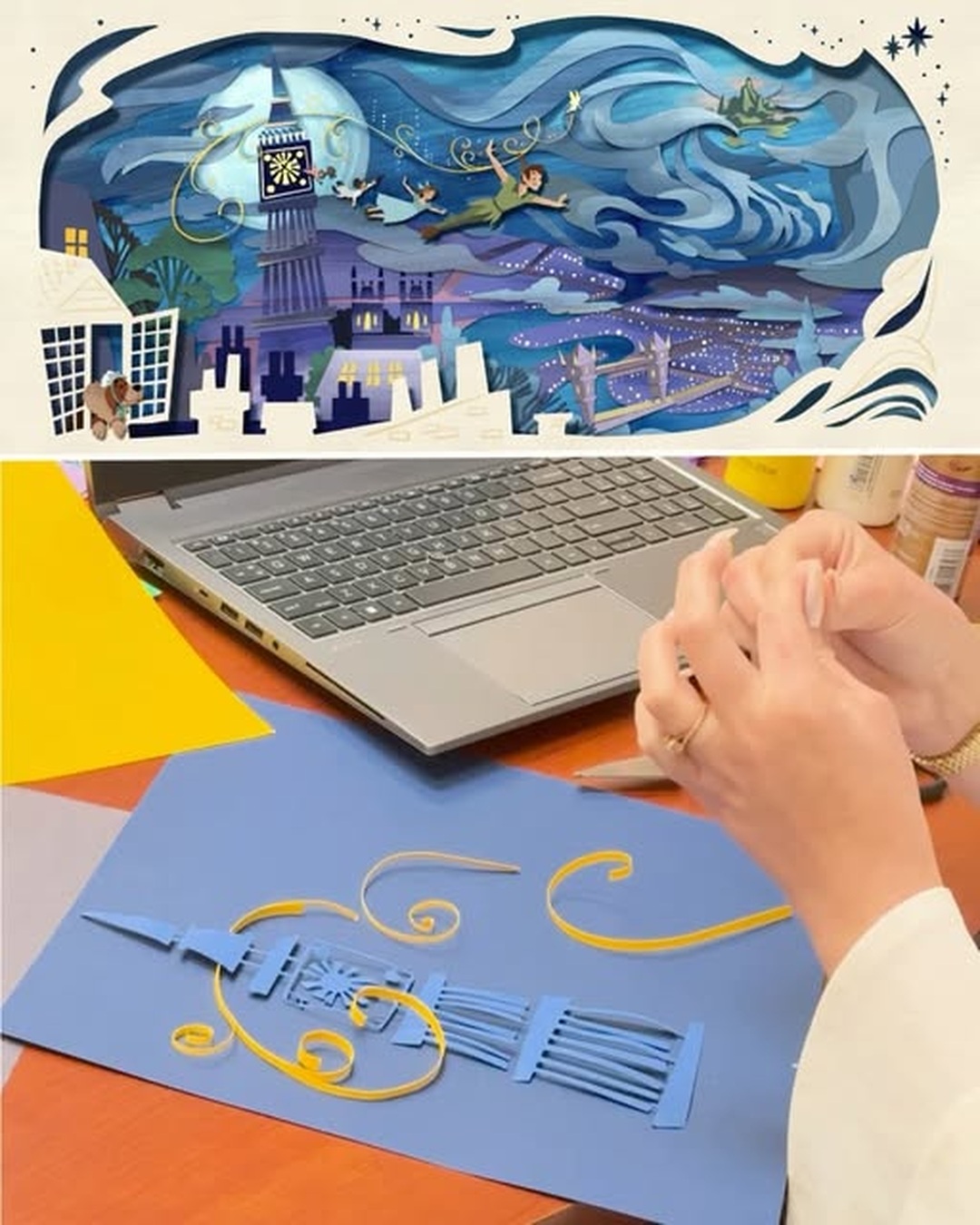 A layered Peter Pan paper-art scene above an artist assembling cut paper pieces