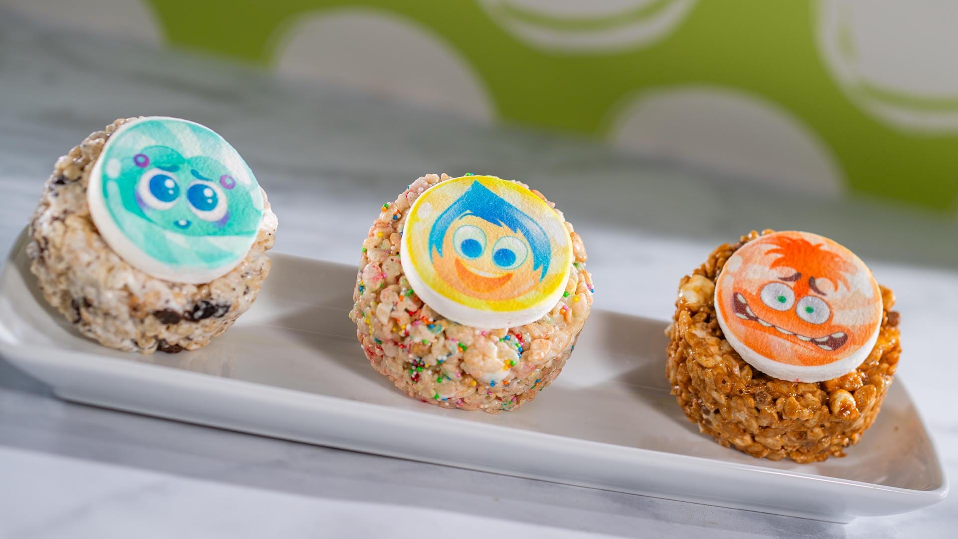 Three round Inside Out crisped rice cereal treats