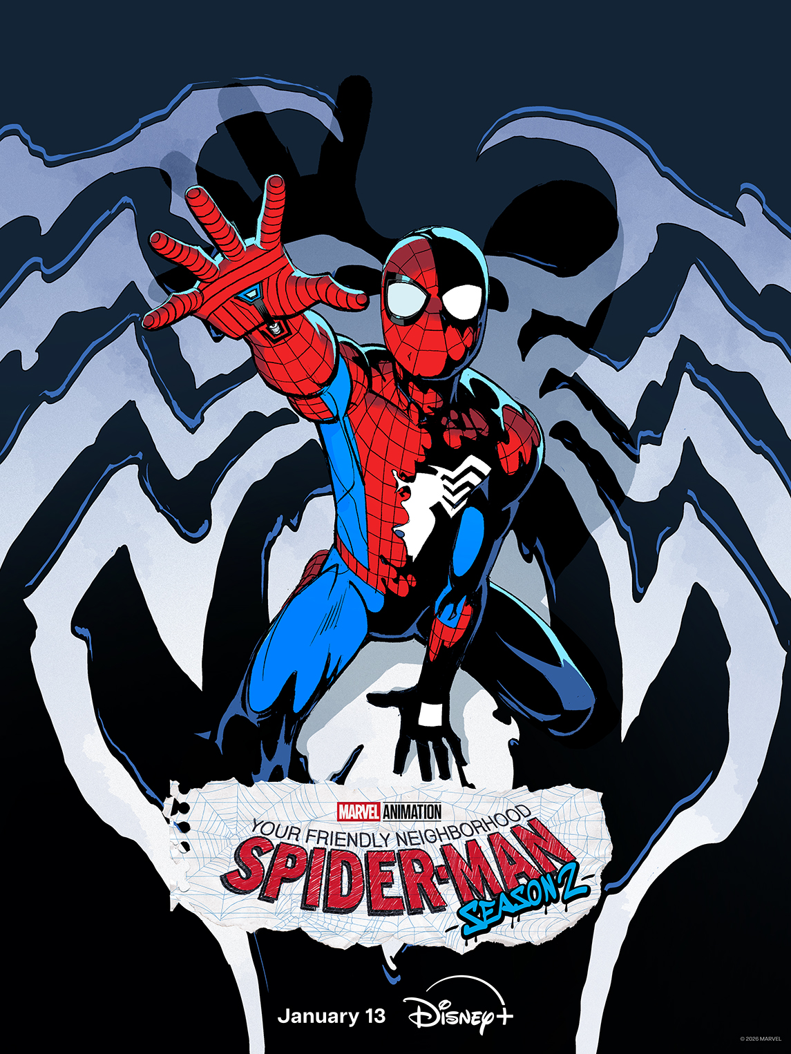 Spider-Man and a black-suited figure in official Your Friendly Neighborhood Spider-Man Season 2 artwork