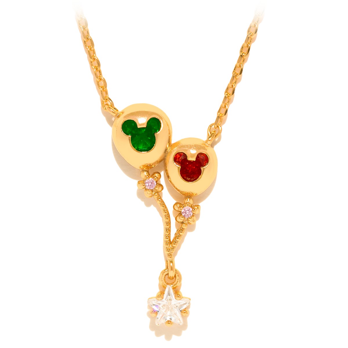 Gold Mickey balloon necklace with red, green and white stones and a star dangle