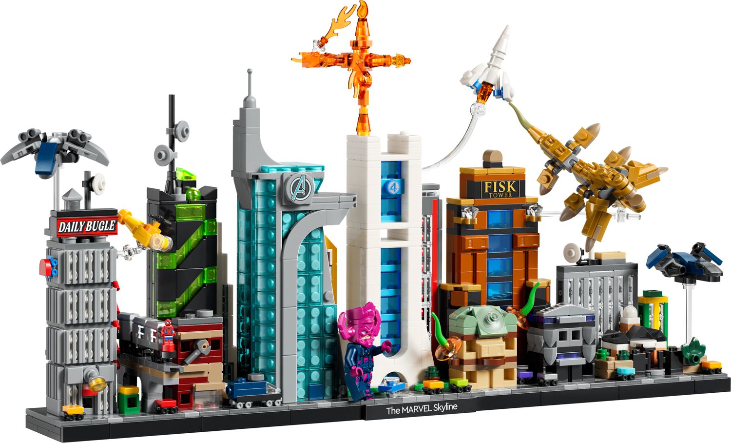 LEGO Marvel Skyline set with Marvel buildings, vehicles and a Galactus minifigure