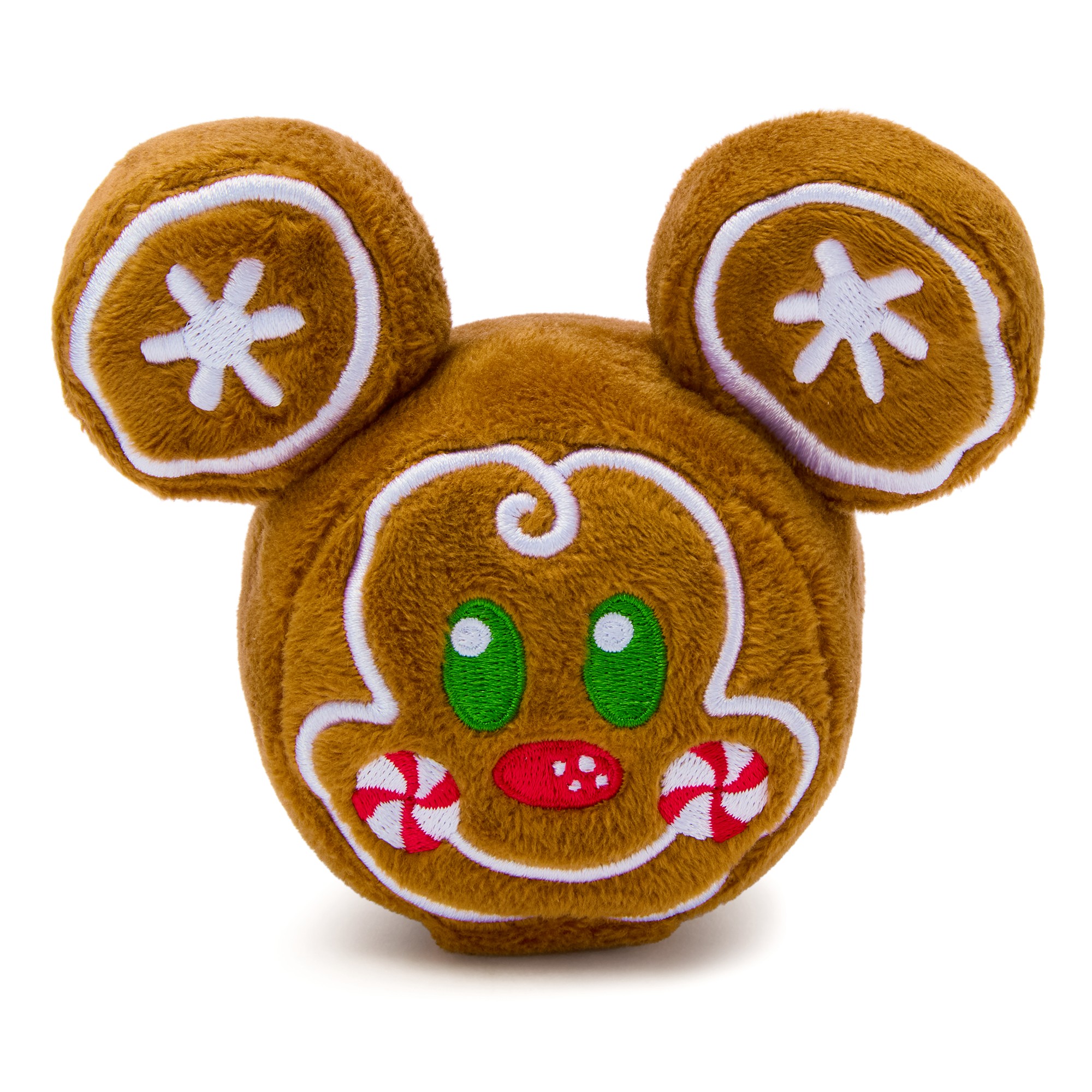 Gingerbread Mickey Mouse plush headband attachment with embroidered icing, green eyes and peppermint cheeks