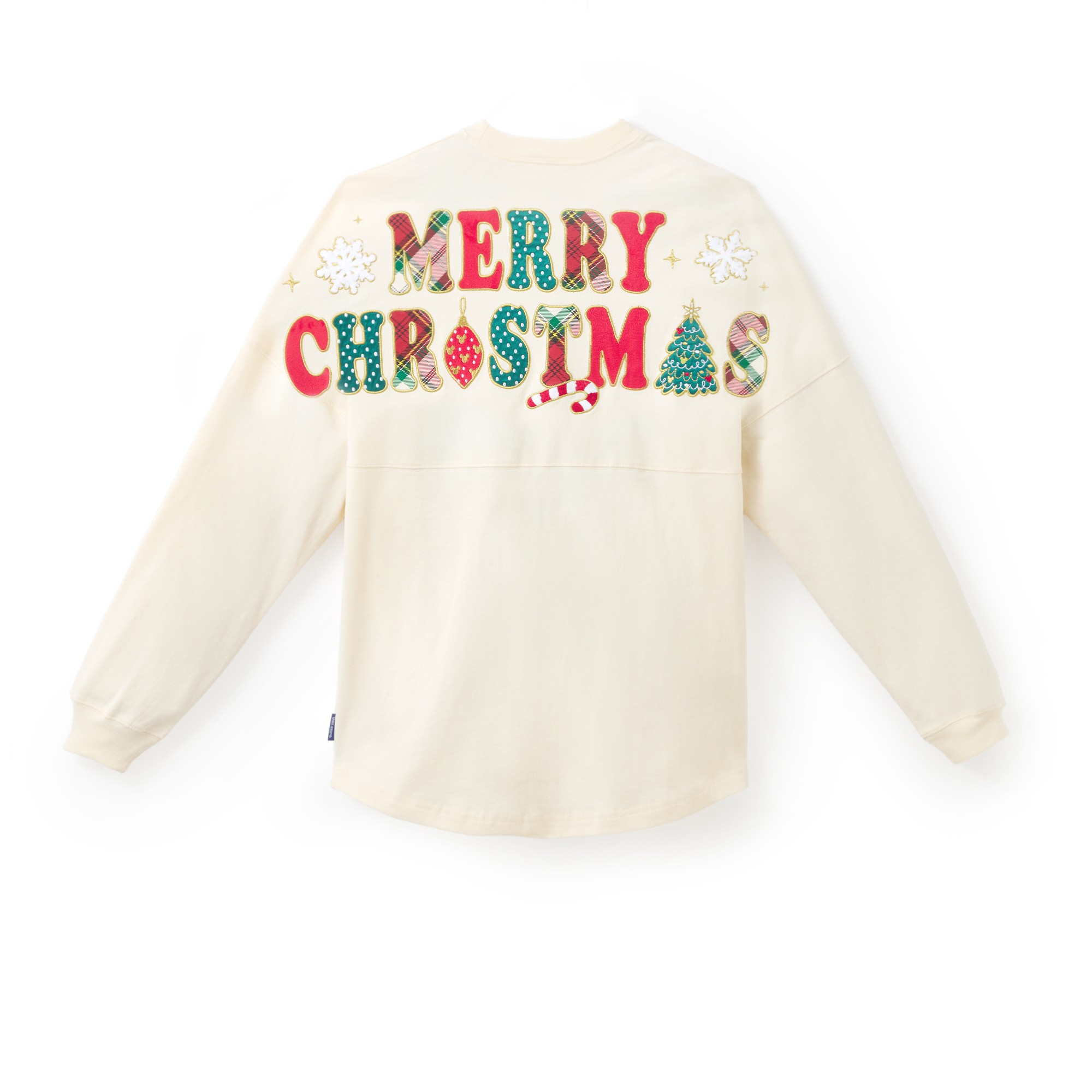 Cream Mickey Mouse holiday Spirit Jersey with colorful plaid Merry Christmas lettering across the back