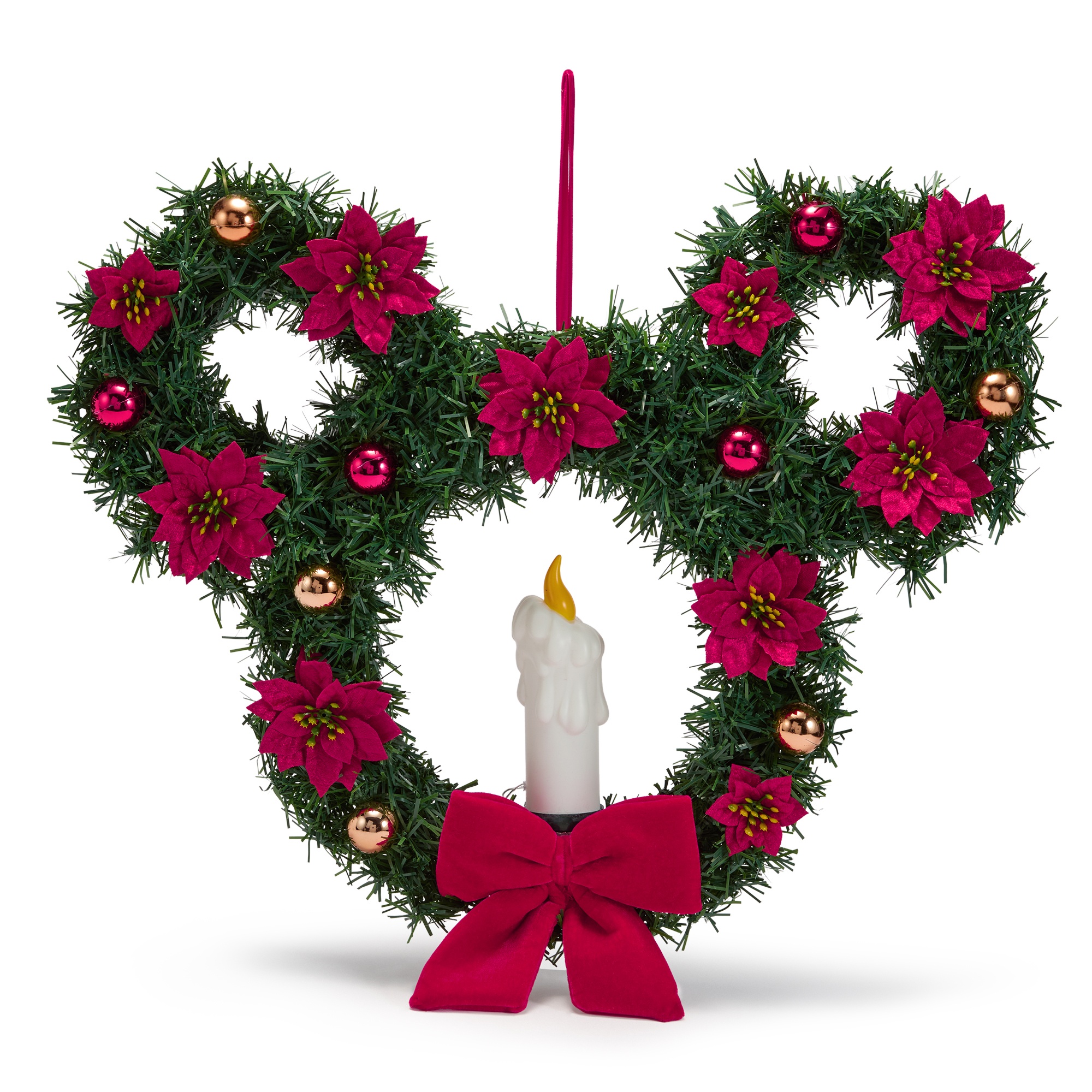 Mickey Mouse icon-shaped holiday wreath with red poinsettias, red-and-gold baubles, a velvet bow and a faux candle