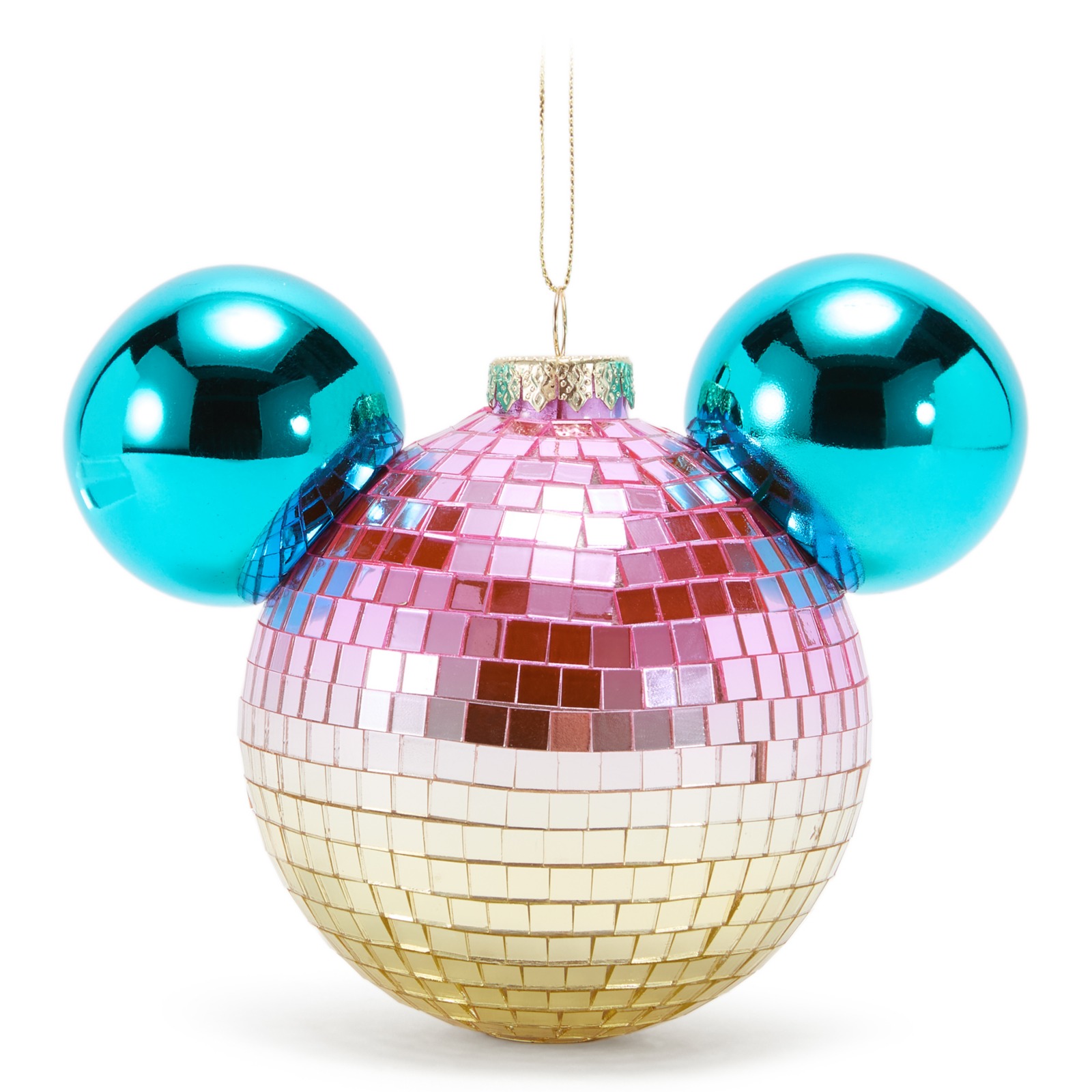 Mickey Mouse icon ornament covered in multicolor mirrored tiles with metallic ears and a golden crown